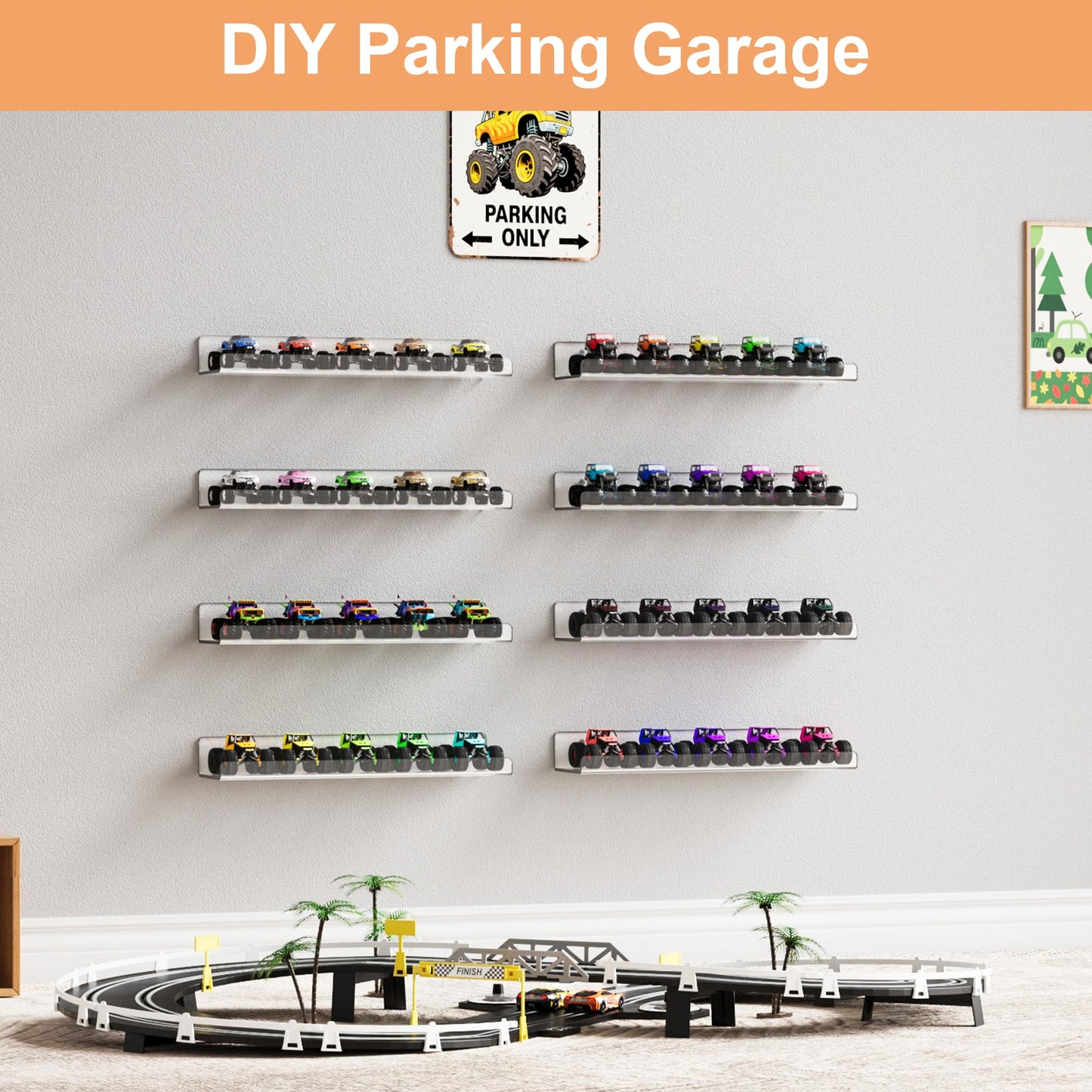 upsimples 10 Pack Acrylic Shelves Wall Organizer and Storage, 15" Display Shelf for Figure, Toy Cars, Perfume, Kids Bookshelf for Bedroom, Nursery, Craft Room, Clear
