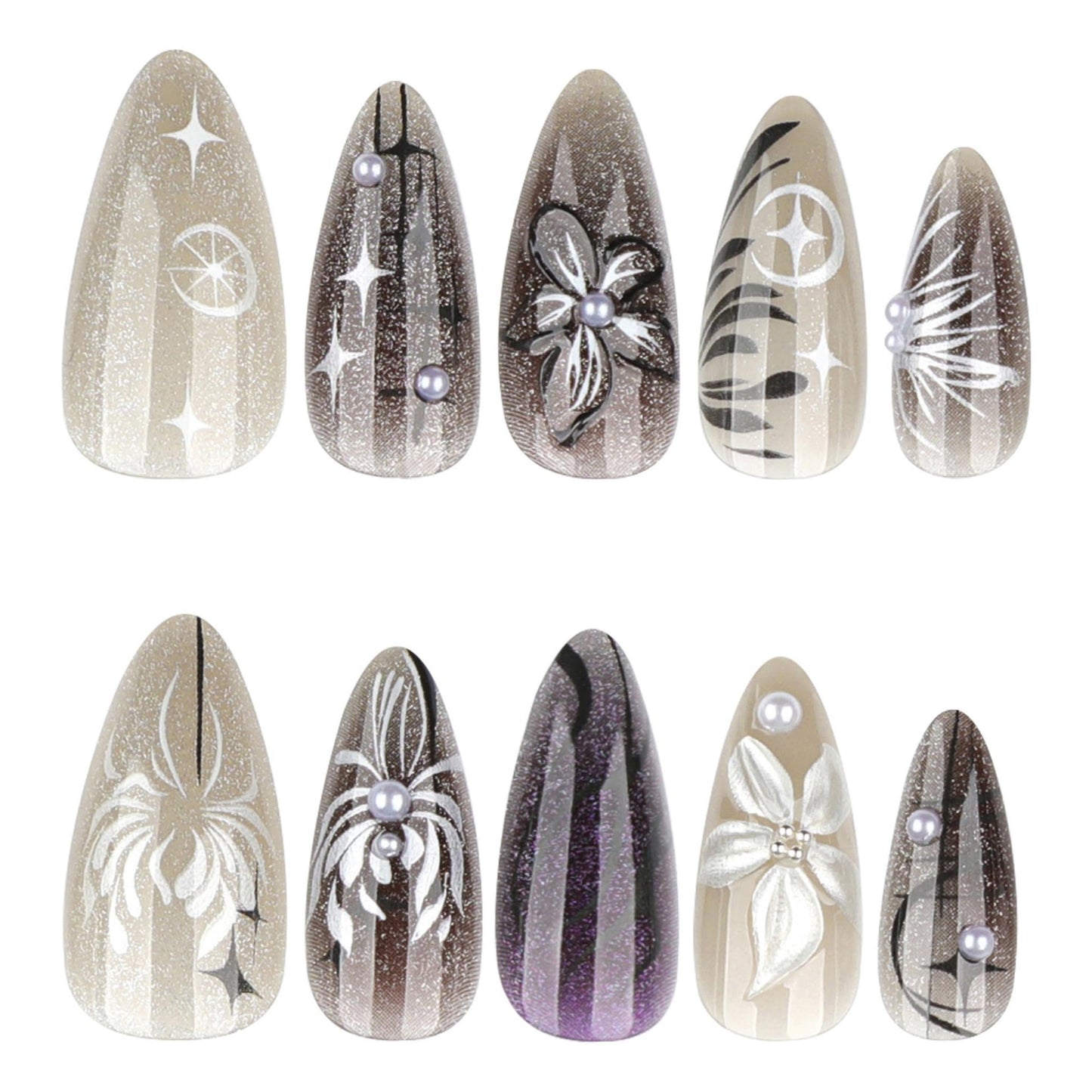 Almond Press on Nails Long Fake Nails Silver Artificial Nail SEENEEY Pearl 3D Flowers Designs Stars Moon Stick on Nail for Women 24pcs