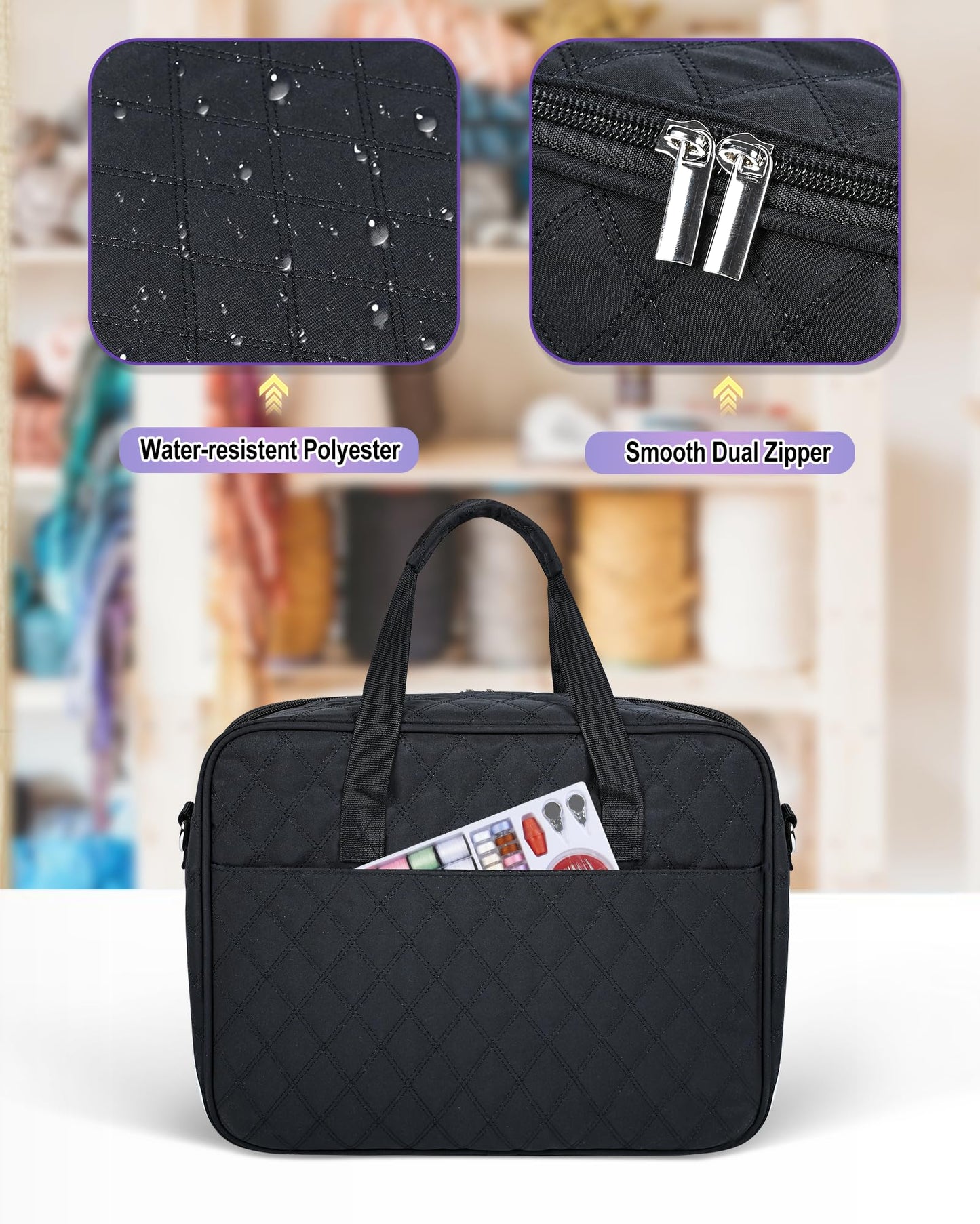 Telawsfun Sewing Supply Storage Bag with Removable Binder, Large Capacity Sewing Organizer Tote With Multi Pocket for Threads, Needles, Scissors, Craft Supplies (Black)