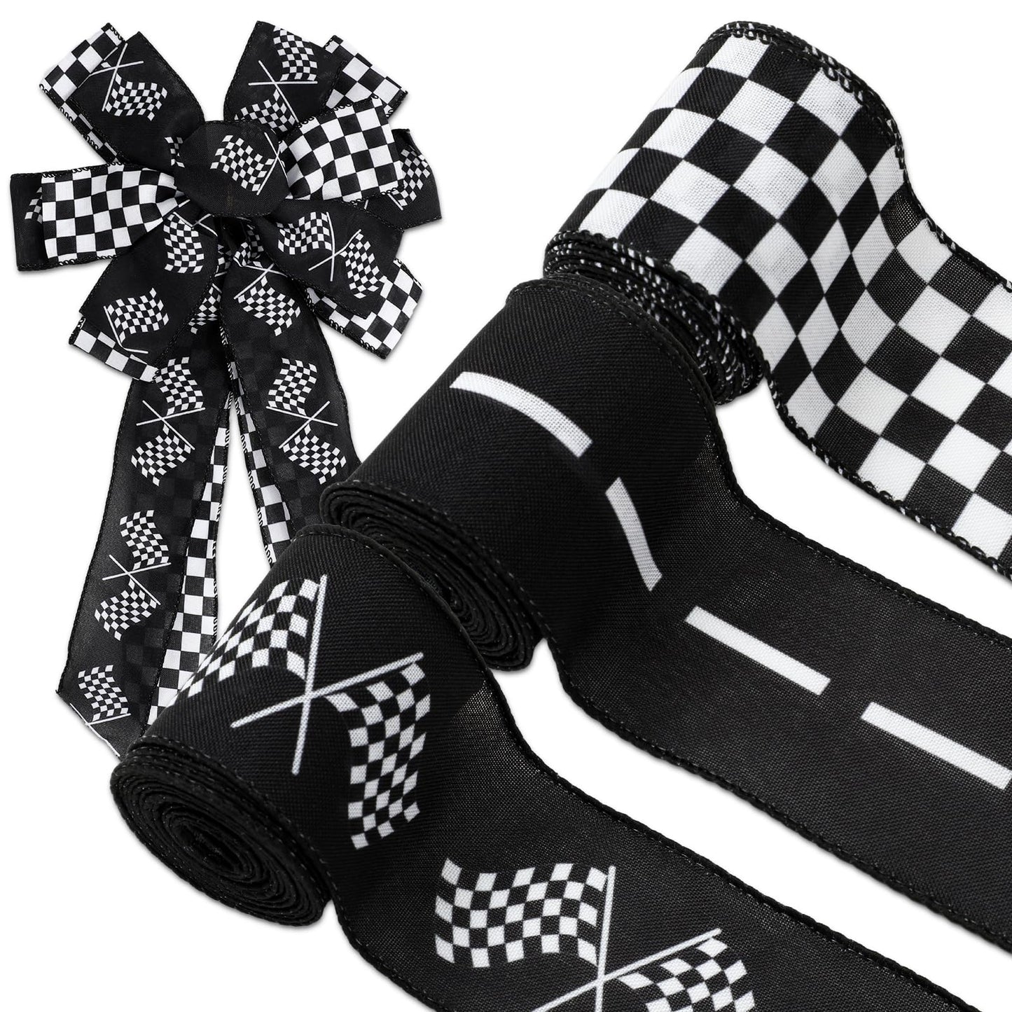 Whaline 3 Roll Racing Car Theme Wired Edge Ribbon 18 Yards 2.5 Inch Black White Checkered Decorative Fabric Ribbon for Wreath Bow Sport Team DIY Craft Gift Wrapping Supplies