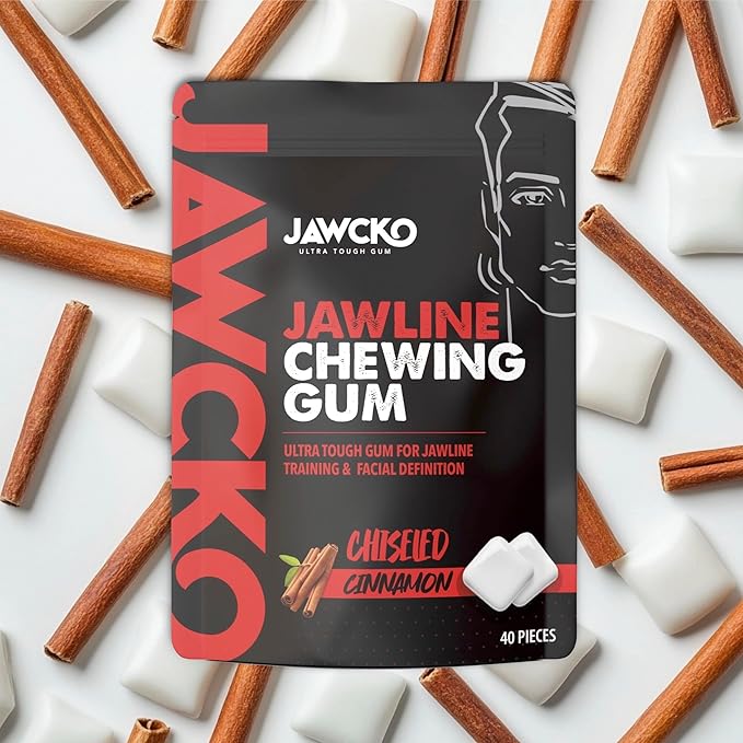 JAWCKO Ultra-Tough Jawline Chewing Gum | Get a Stronger, Squarer Jawline | Cinnamon Jaw Training Hard Gum | 15X Strength | Chisel, Sculpt, & Tone your Jaw | Facial Fitness Mewing Gum | 40 Pieces/Pack
