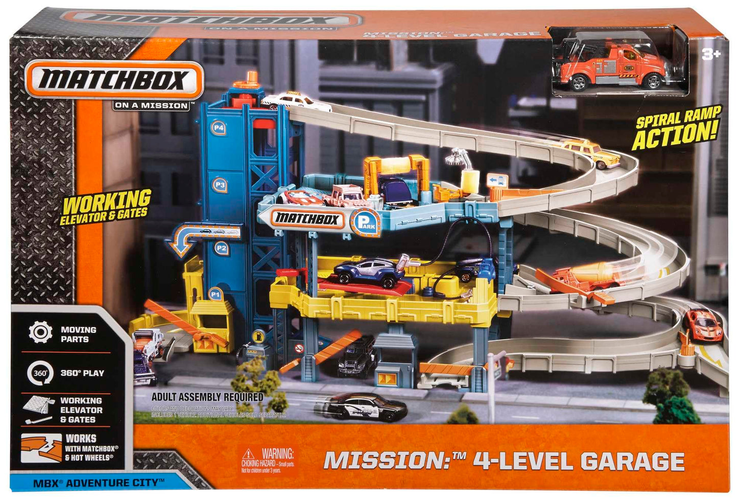 Matchbox Toy Cars Playset, 4-Level Garage & 1:64 Scale Tow Truck, Kid-Powered Elevator, Car Repair Station & Spiral Ramp