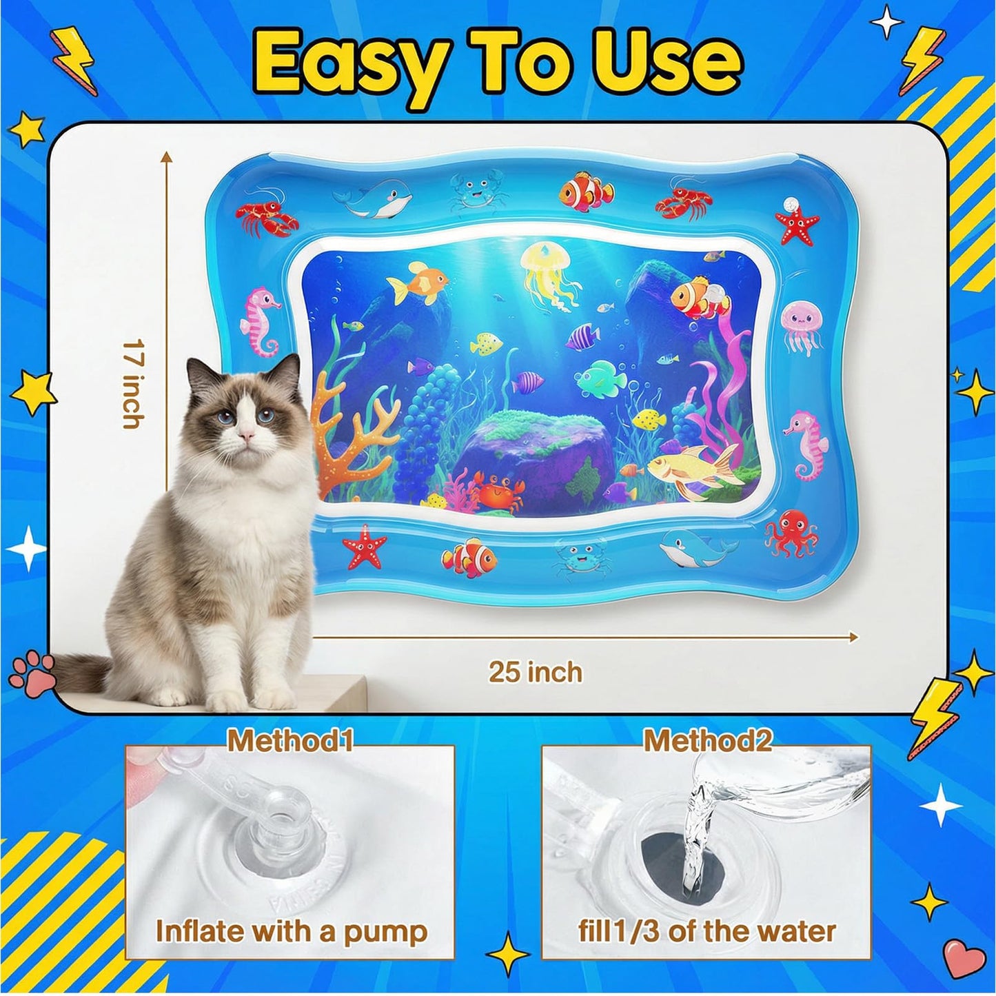Aoioploa Cat Water Mat - Interactive Cat Toys Upgraded Thickened 0.7mm PVC Cooling & Heating Water Bed with Floating Fish, Anti-Scratch Leak Proof Foldable Water Sensor Play Mat for Cats