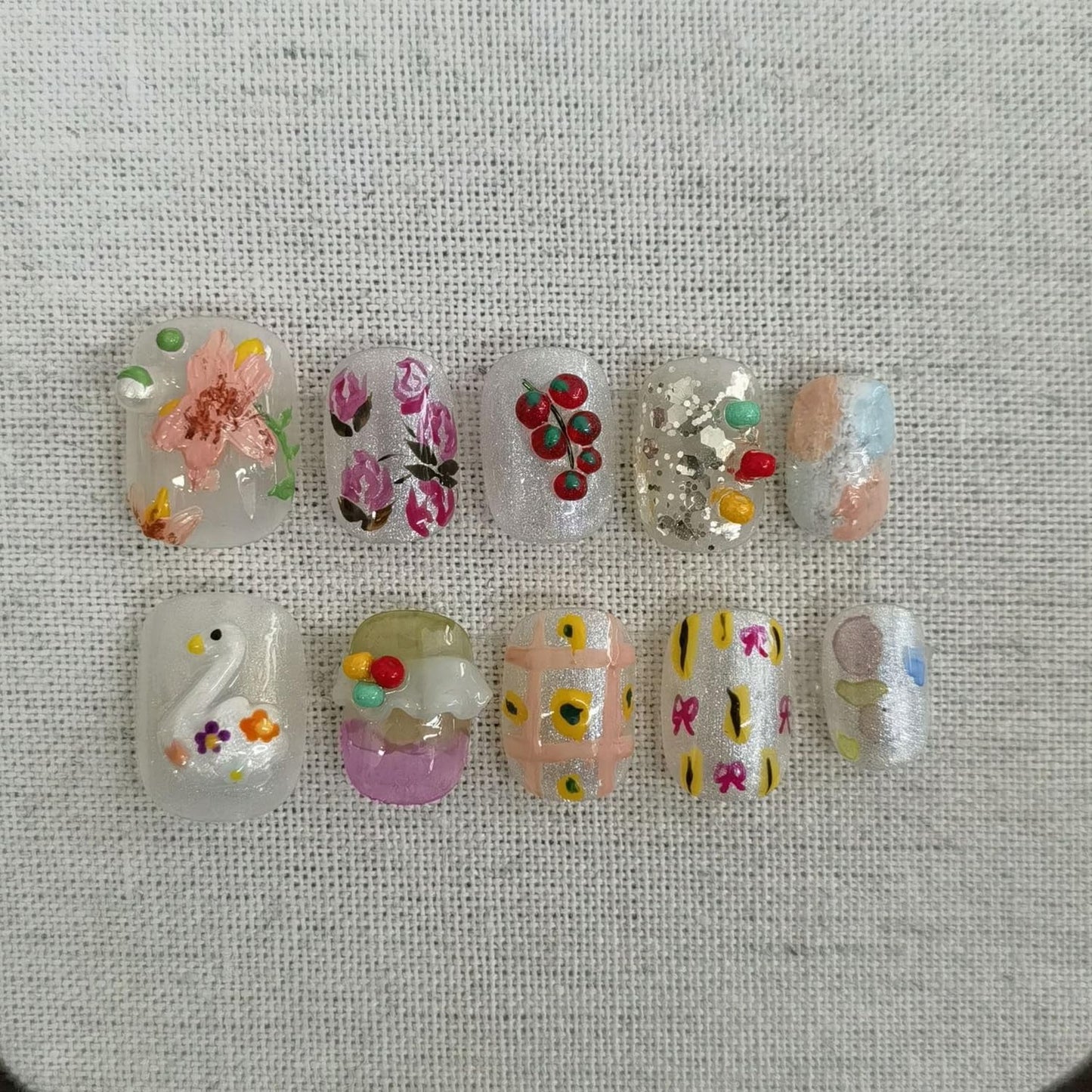 Cute Handmade Press on Nails Extra Short Square 3D Unique Reusable ABS Material Fake Nails Luxury Rose False Nails with Designs Swan Flower Art Glossy Glue on Nails Thick Acrylic Nails(S)