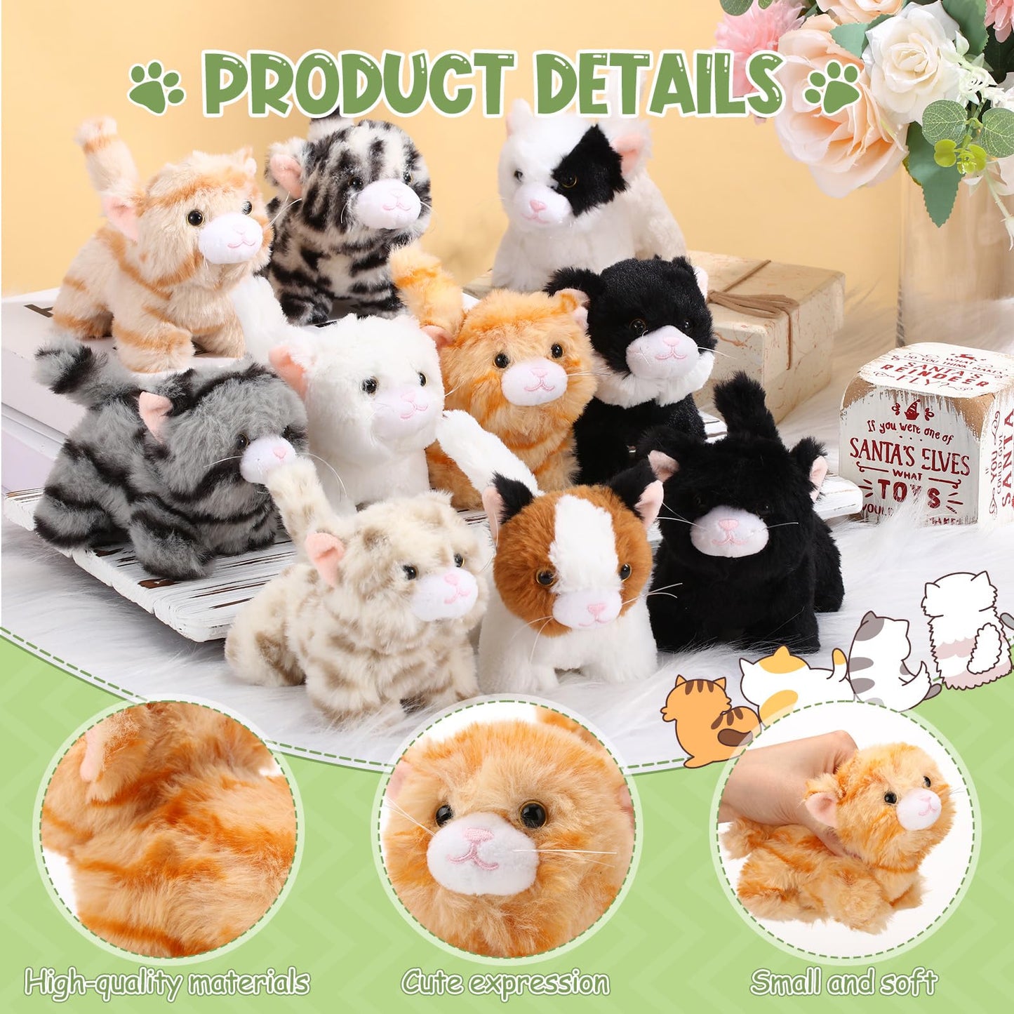 Lenwen 10 Pcs Cat Stuffed Animals Bulk Soft Cuddly Kitten Plush Sets Kittens Assorted Fluffy Stuffed Cats for Kiddos Birthday Gift Pet Party Favors Stuffers(Standing Style)