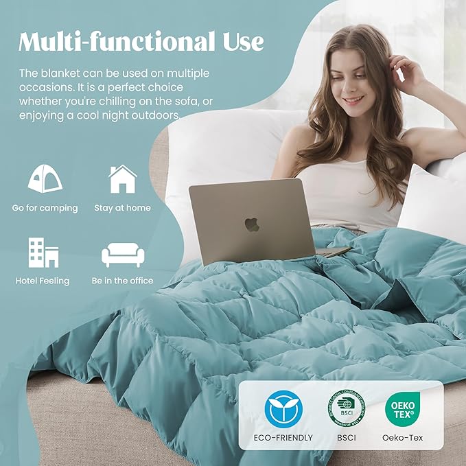 puredown® Queen Size Blanket for Bed, Ultra Soft Lightweight Down & Feather Fill, All Season Blanket, Machine Washable, 88"X90", Sea Blue