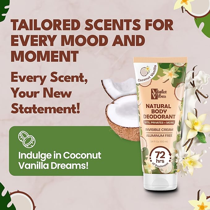 Violet Vibes Deodorant Cream for Women | Hypoallergenic & Gentle On Skin | Noni Leaf Extract, Aluminum-Free, Sensitive Skin, Fresh Odor Control for Whole Body 100mL (3.4 fl oz.) (Coconut Vanilla)