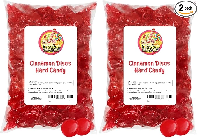 Cinnamon Discs Hard Candy - Bulk 2 Pounds Individually Wrapped Red Cinnamon Candy Disks (Approx 150 Pieces) - Holiday Bulk Fiery Candy (Pack of 2)