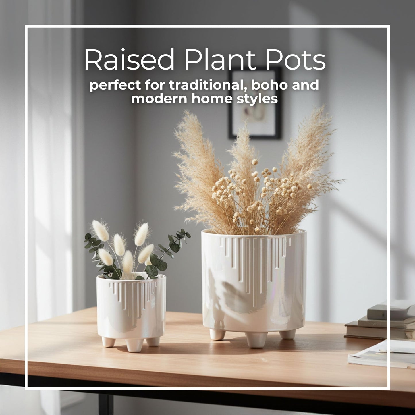 Set of 2 Iridescent Line Footed Planters with Ivory Accents – Ceramic Stoneware Outdoor & Indoor Plant Pot – Modern Garden & Home Decor Ceramic Planters – 6" & 8", Ivory