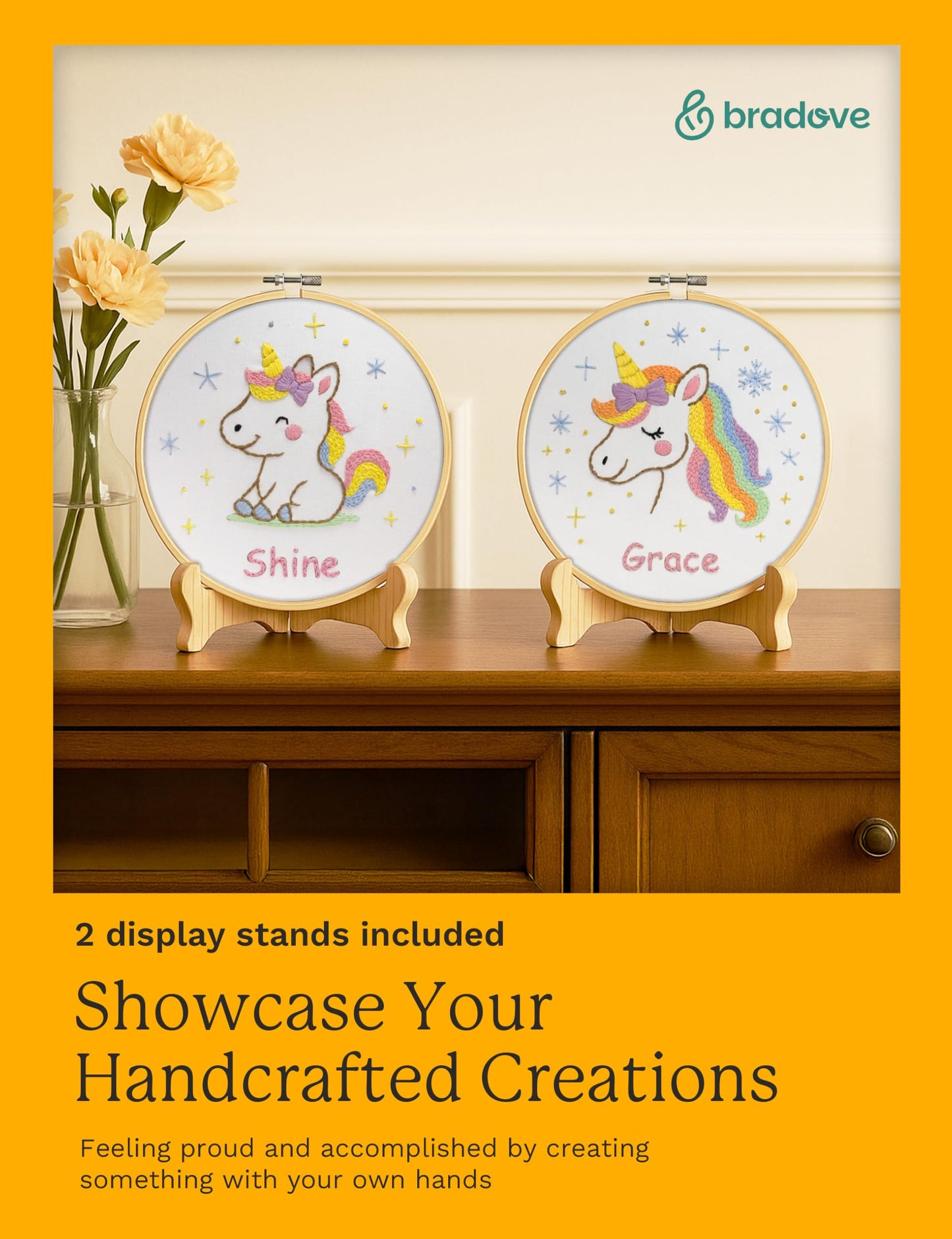 Bradove Embroidery Kit for Kids and Adults, Unicorns Embroidery Kit for Beginners, Easy Needlepoint Starter Kit with 2 Display Stands