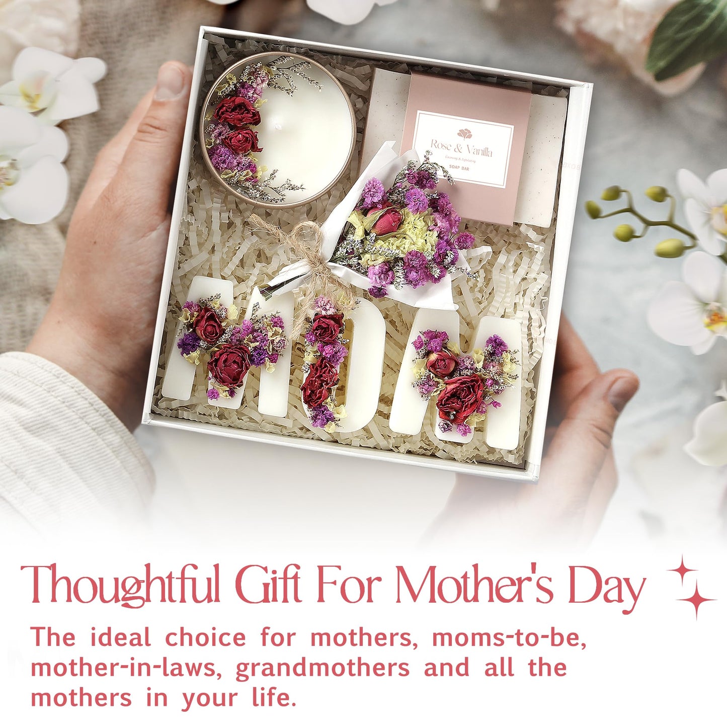 Mother’s Day & Birthday Basket for Mom – Luxury Gift Box with Candle, Ready to Gift Floral Keepsake, Thoughtful Mom Present from Daughter or Son