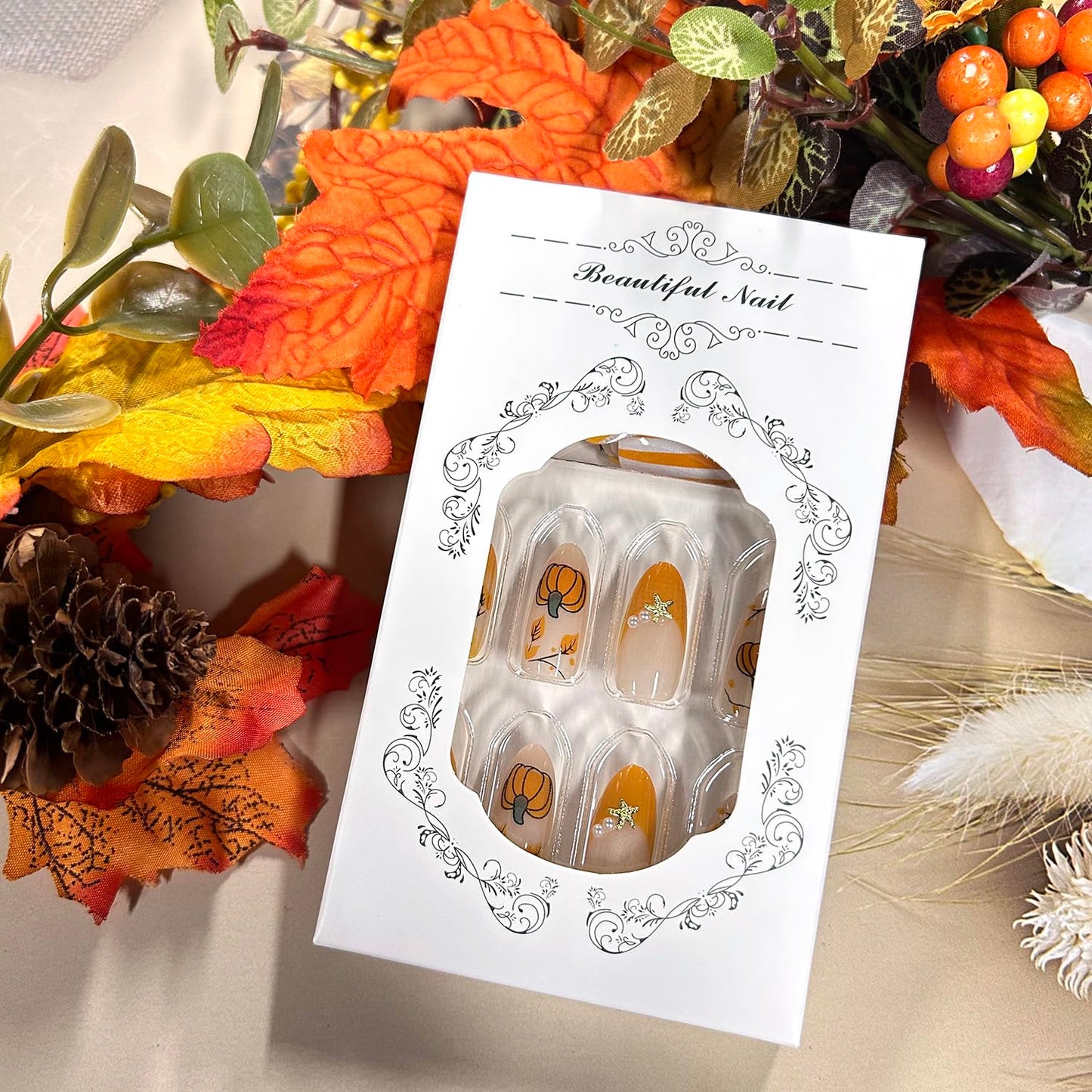 CJDLTS 30Pcs Thanksgiving Press on Nails Medium Almond Maple Leaf Artificial Acrylic Fake Nail Pumpkin with Starfish Pearl Stick on Nail Full Cover Autumn Artificial Fingernails for Women Manicure