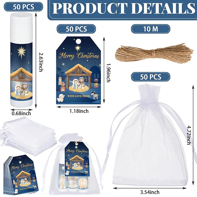 Dunzy 50 Sets Nativity Lip Balm Bulk Christian Religious Moisturizing Lip Balms Holiday Treat Gifts Favors with 50 Organza Bags 50 Tags for Women Christmas Stocking Stuffers Party Supplies