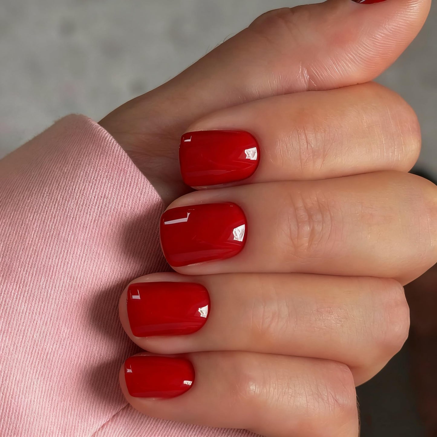 KQueenest Light Red Press on Nails Short Square, Acrylic Fake Nails Short, Natural Fit Small False Nails Press ons, Reusable Gel Stick on Nails for Women Finger Wear in 24 Pcs