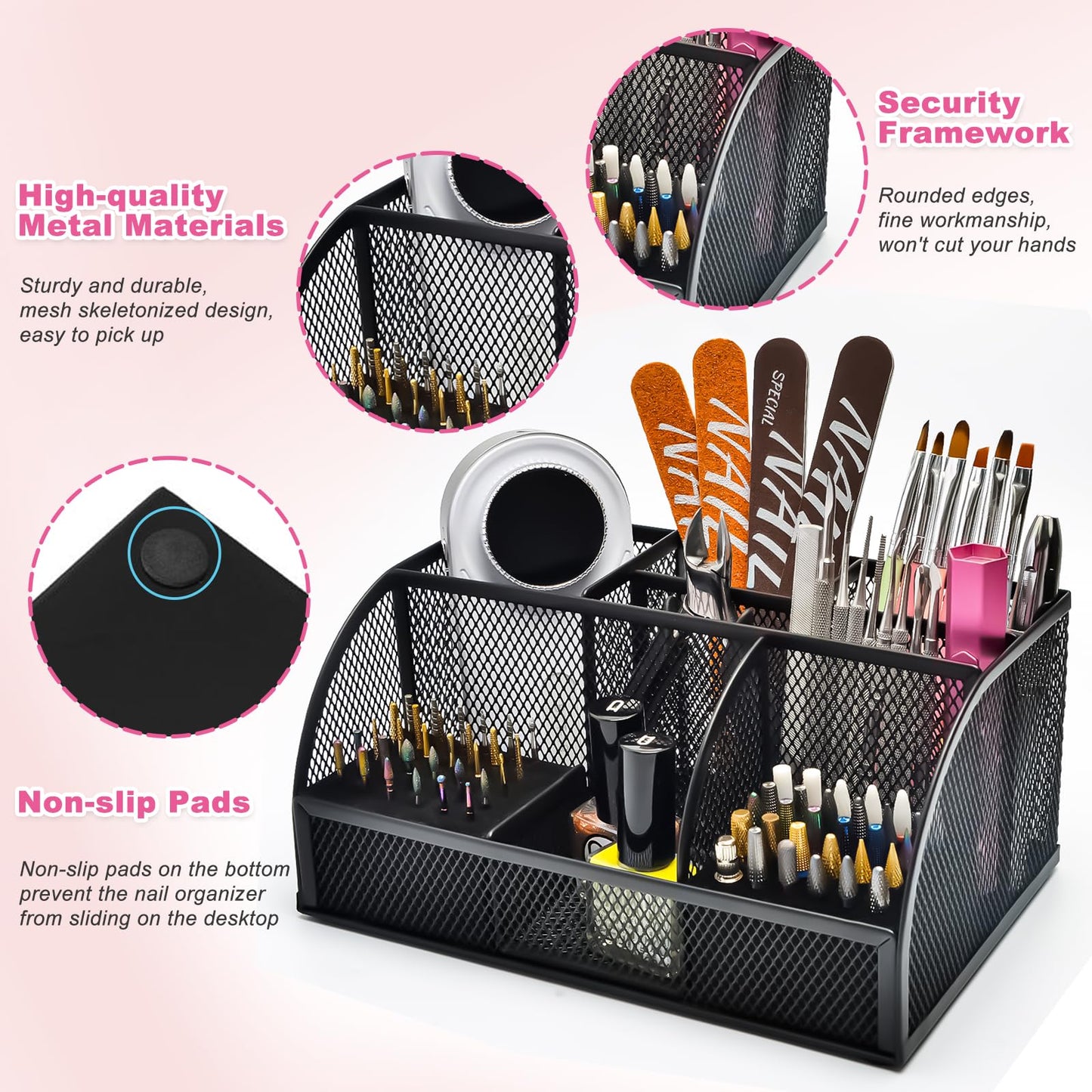 CGBE Nail Drill Bits Holder: 60 Holes Professional Drill Bit Holder for Nails - Mesh Metal Nail Tools Organizer Display Case - Nail Desk Organizer for Nail Tech - Black (Not Included Nail Drill)