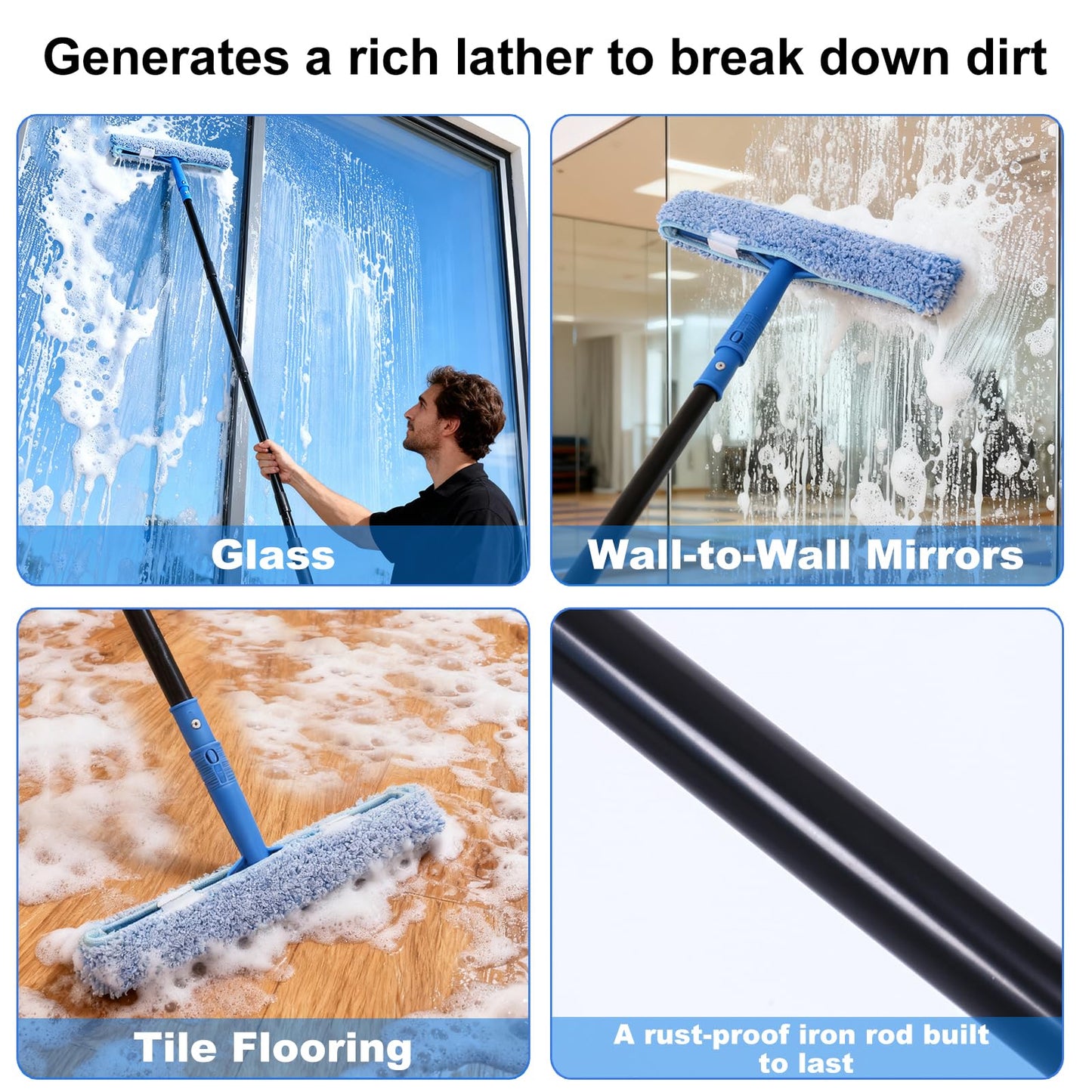3-in-1 Professional Window Squeegee Kit with 2 Squeegee, 2 Microfiber Scrubber, 1 Razor Scraper, Thick Iron, 63.4" Window Squeegee with Extension Pole for Car, Glass, Mirror, Wall, Bathroom, Home, Van