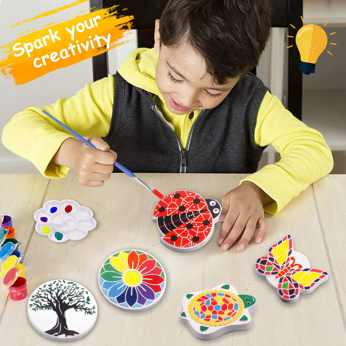 Weilim Paint Your Own Stepping Stones 5-Pack for Kids, Boys & Girls Ages 3-12, Butterfly, Turtle, Flower, Tree & Ladybug DIY Outdoor Garden Art & Craft Ceramic Painting Set Easter