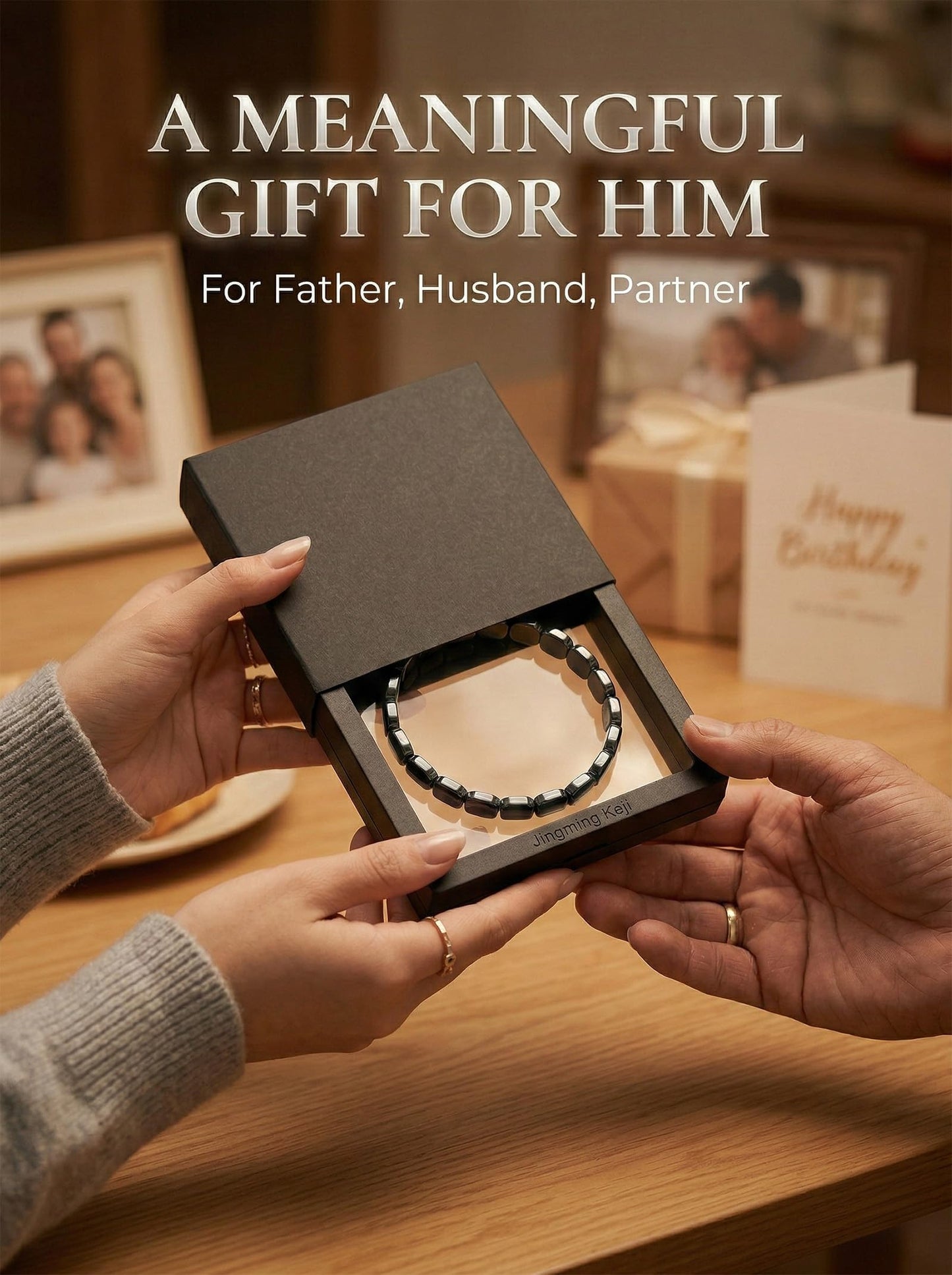 Jingming keji Adjustable Mens Hematite Bracelet 7.5-10.5" - Handwoven Waxed Polyester Cord, Natural Square Stone Beaded Wellness Jewelry with Gift Box