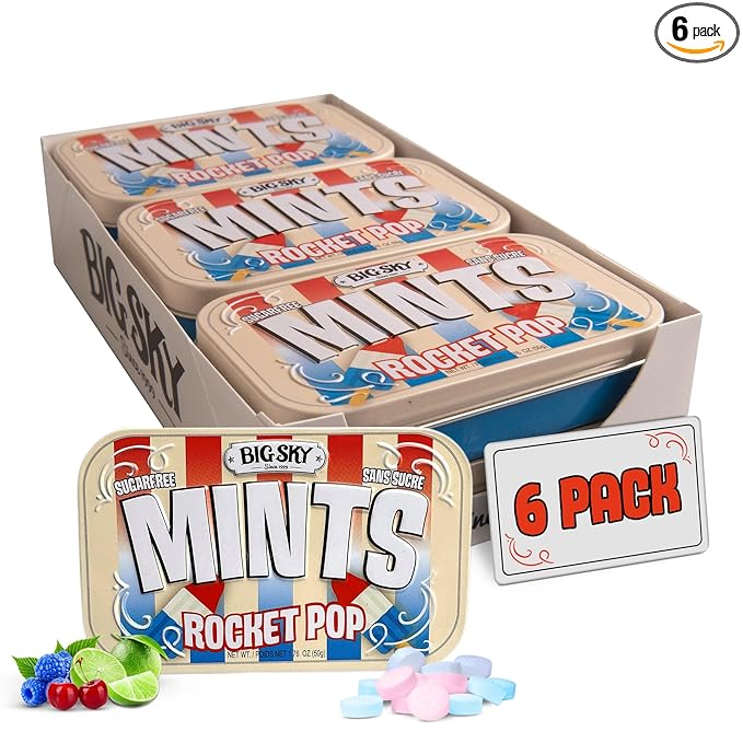 Big Sky Sugar Free Mints Rocket Pop | No Artificial Colors or Flavors | Kosher, Vegan, Gluten Free | Aspartame & Xylitol Free | 50 Count Tin (Pack of 6)