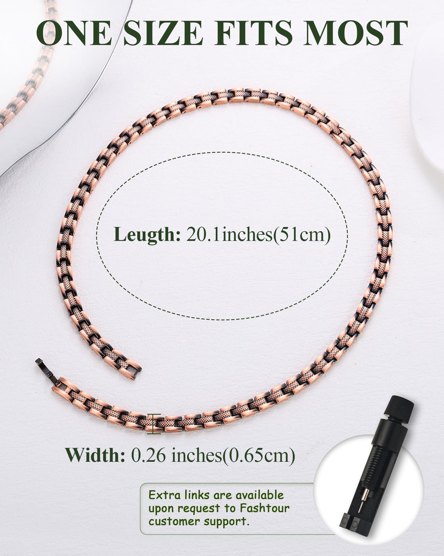 Fashtour Copper Necklace for Men Women, 99.99% Pure Copper Magnetic Chains Necklace with 3500 Gauss Ultra Strength Neodymium Magnets, Adjustable Jewelry Gift with Sizing Tool (Copper 029)