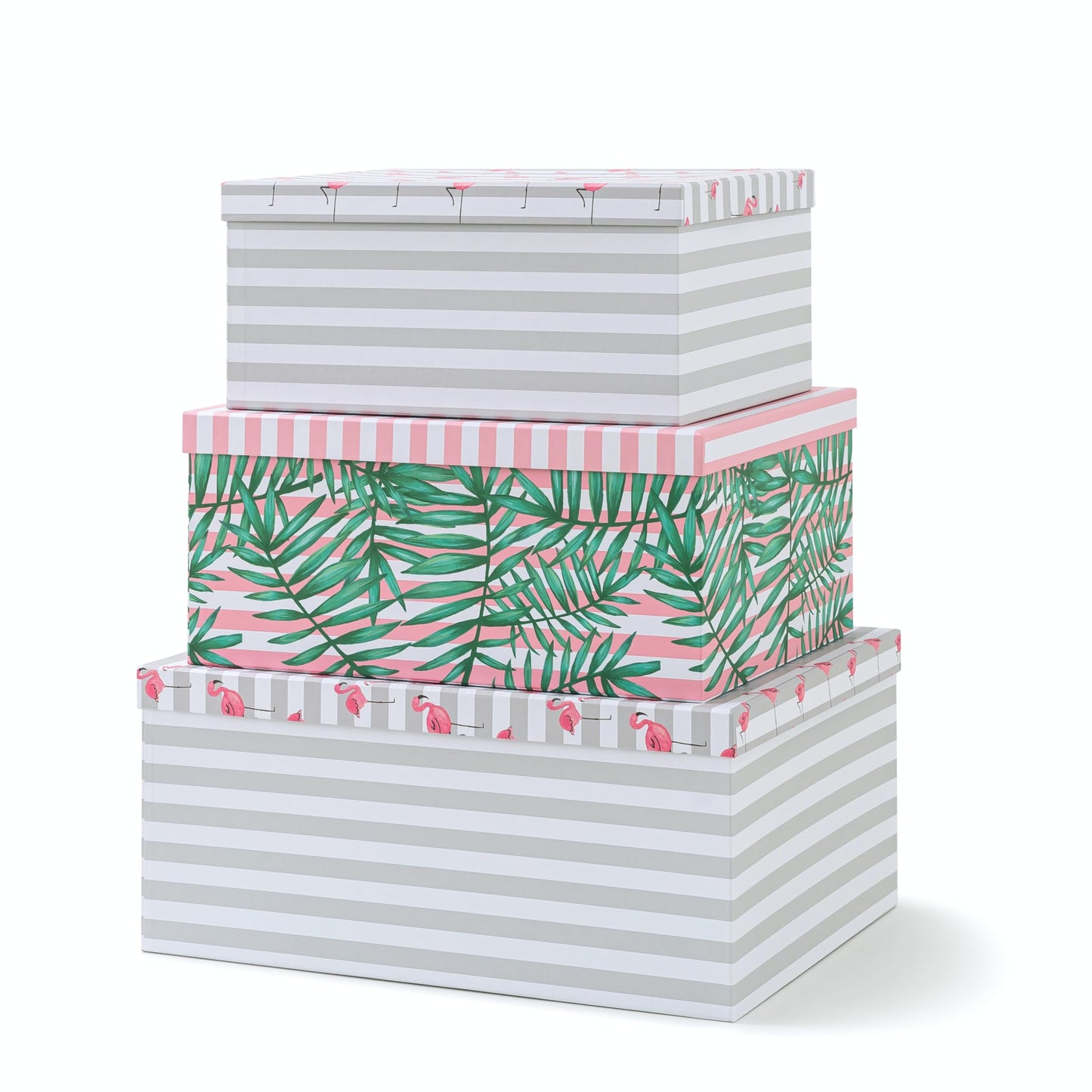 SLPR Decorative Cardboard Storage Boxes With Lids For Home Décor, Set of 3 Pink Flamingo Paperboard Nesting Gift Boxes, Palm Leaves Large Picture and Photo Storage for Keepsakes