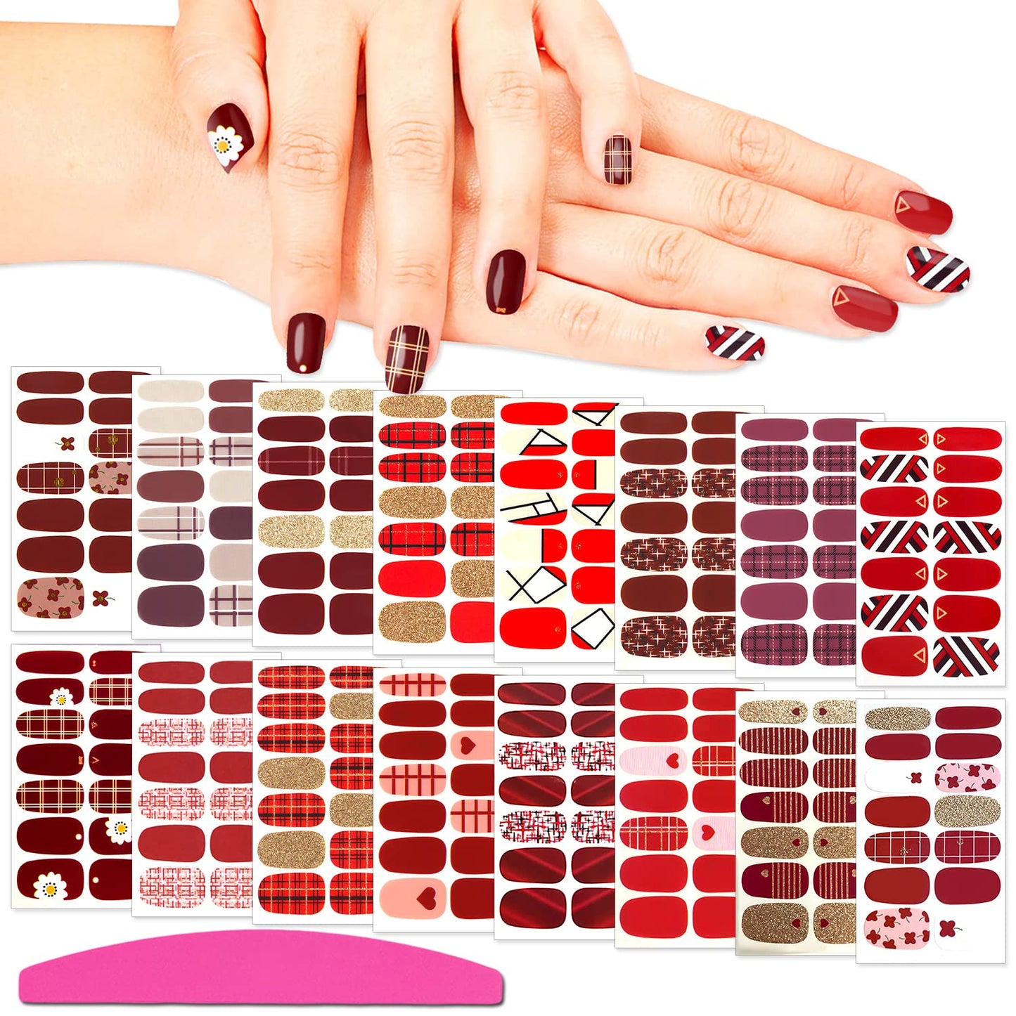 SILPECWEE 16 Sheets Red Plaid Nail Polish Strips Self Adhesive Nail Wraps Nail Polish Stickers for Women Nail Strips Real Nail Polish Manicure Kit with 1pc Nail File
