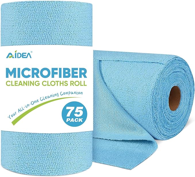AIDEA Microfiber Cleaning Cloth Roll, 75PK, Reusable Tear Away Paper Towels, Microfiber Towels for Cars, Washable Shop Rags Blue, Lint Free Rags for House, Mechanic, Workshops, 11.5"×11.5"