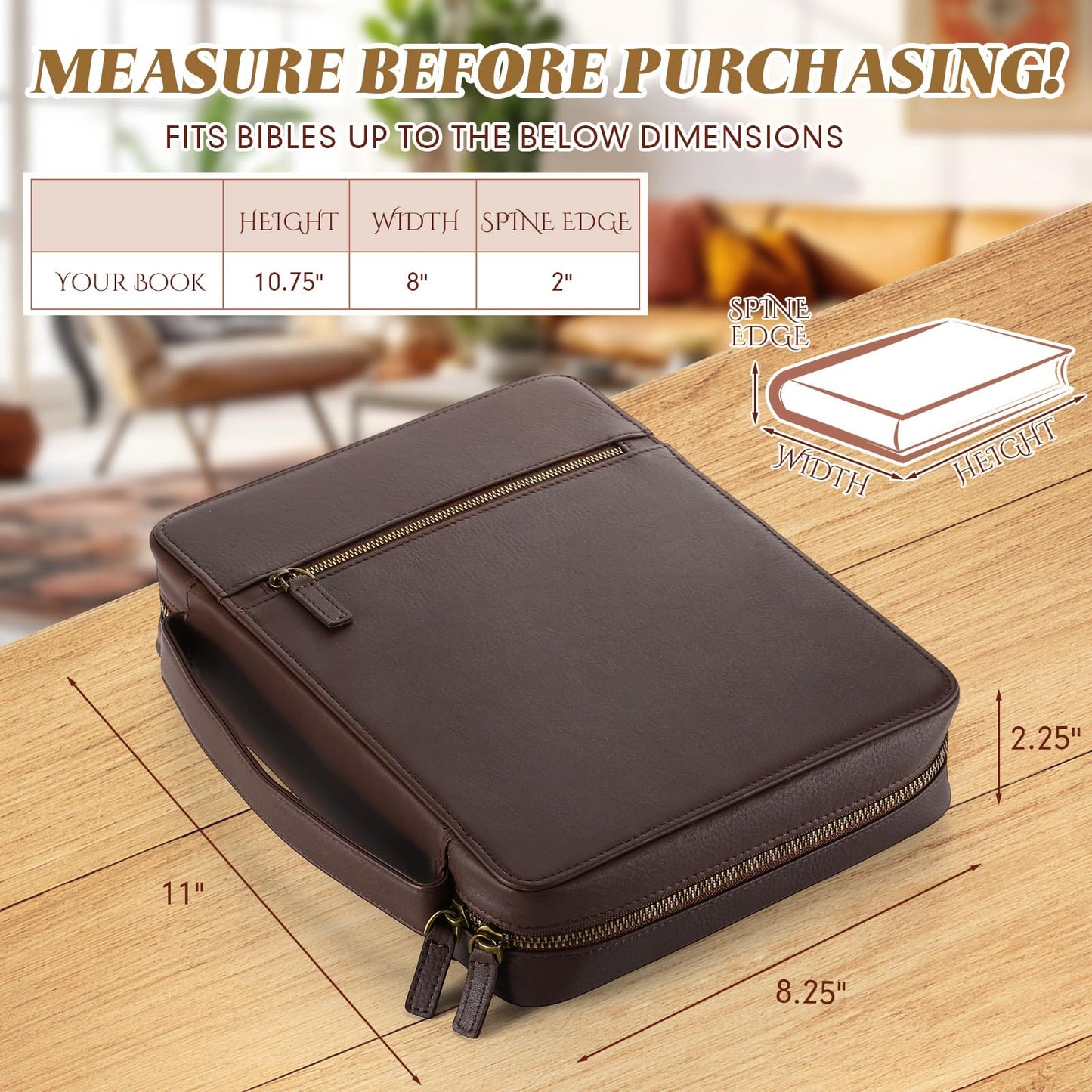 Clysee Top Grain Buffalo Leather Bible Cover Christmas Real Leather Bible Book Cover with Handle, Pocket, Zipper, Book Protective Holder Christian Religious Carrying Case Organizer Portfolio