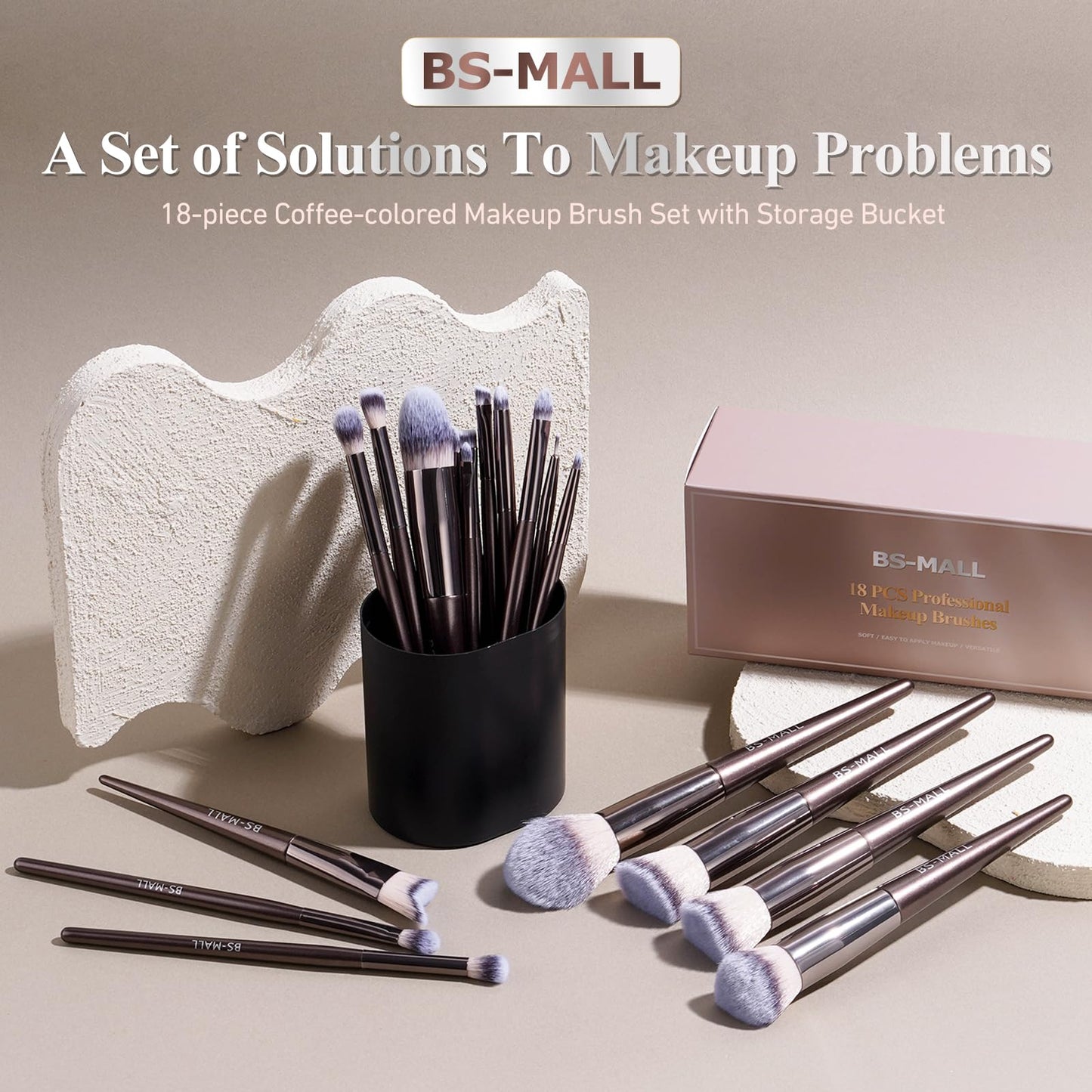 BS-MALL Makeup Brush Set 18 Pcs Premium Synthetic Foundation Powder Concealers Eye shadows Blush Makeup Brushes with black case (Coffee)