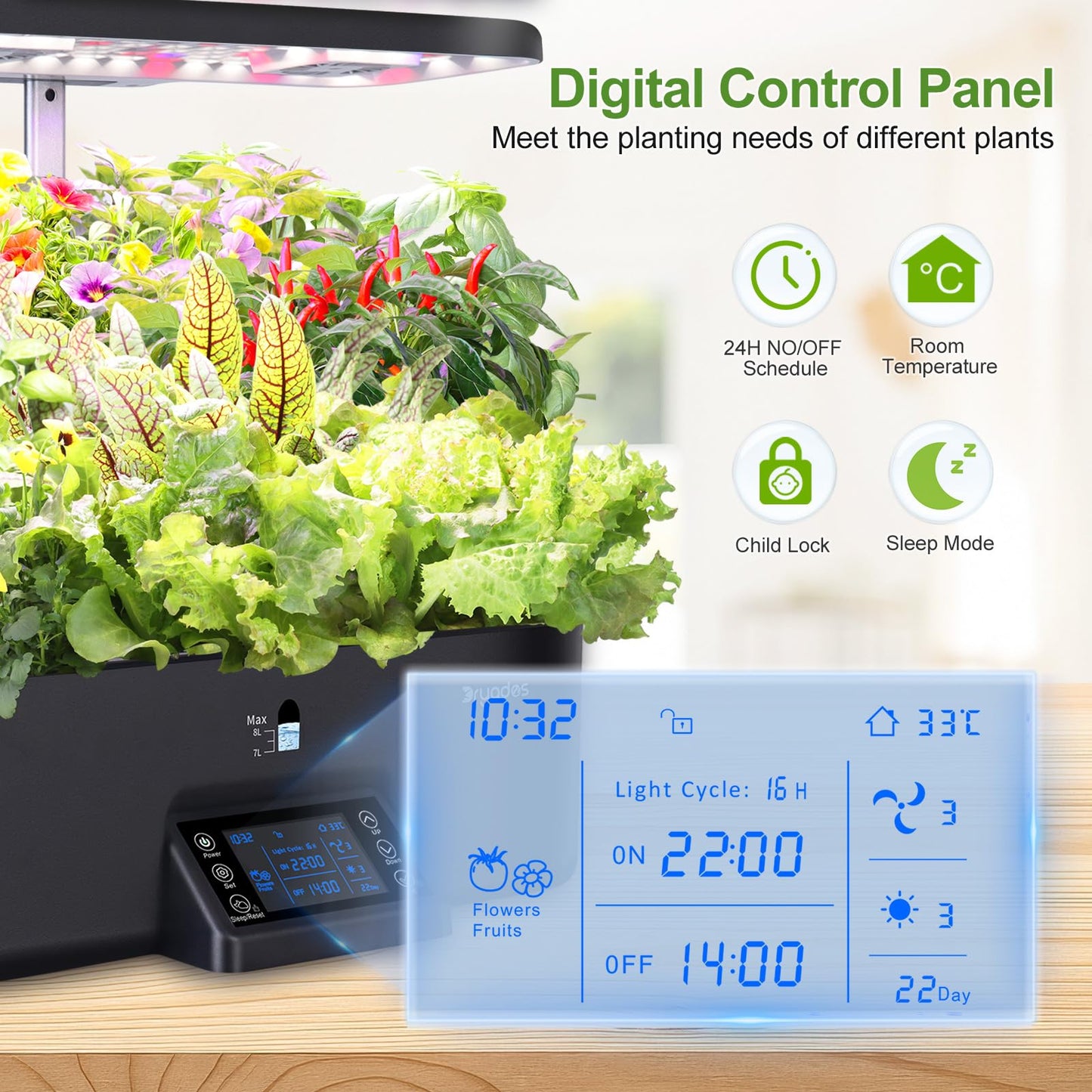 DRYADES 17-Pods Hydroponic Growing System with Dual Fans 24W Full-Spectrum Grow Light & Smart Control Panel for Indoor Gardening for Vegetables Herbs