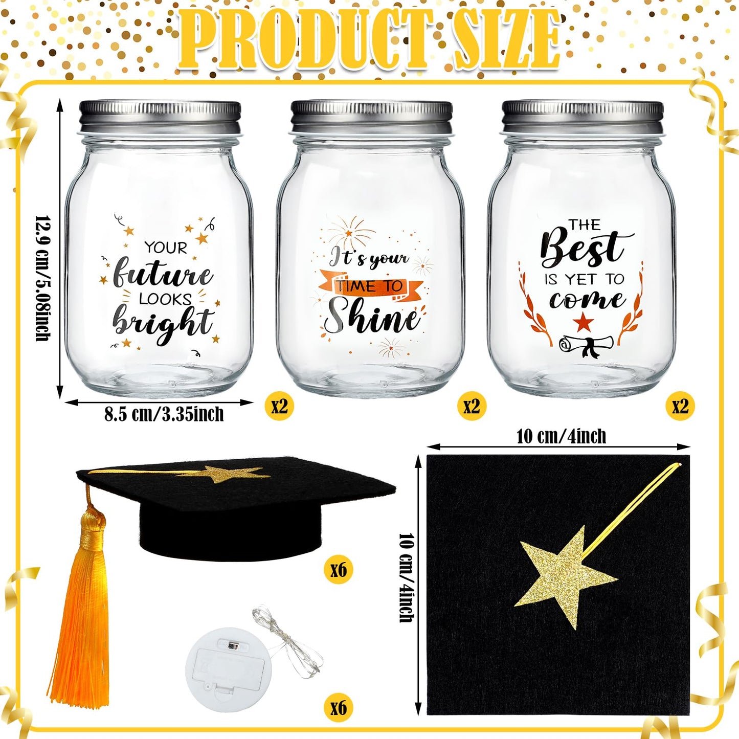 Hushee 6 Set Graduation Mason Jar for Table Centerpieces, Decorative Mason Jar with LED Light and Graduation Caps, Class of 2026 Gifts bulk for High School College Congrats Party Decor