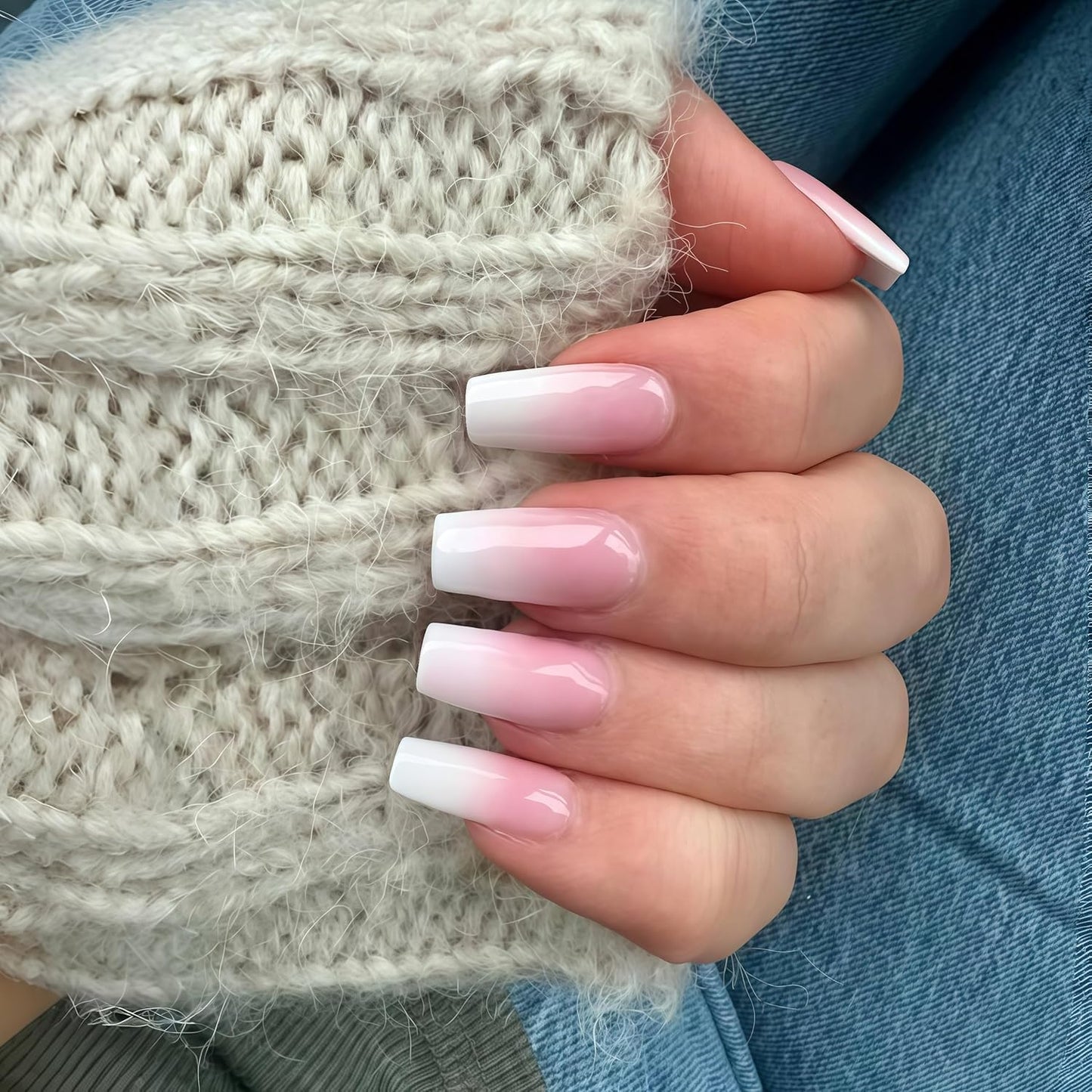 Ombre Pink Press On Nails Medium Long Square, Xcreando Medium Coffin Nails Acrylic Press ons Glue on Nails Long Length Fake Nail for Women, Natural Thick Artificial Nail Stick on