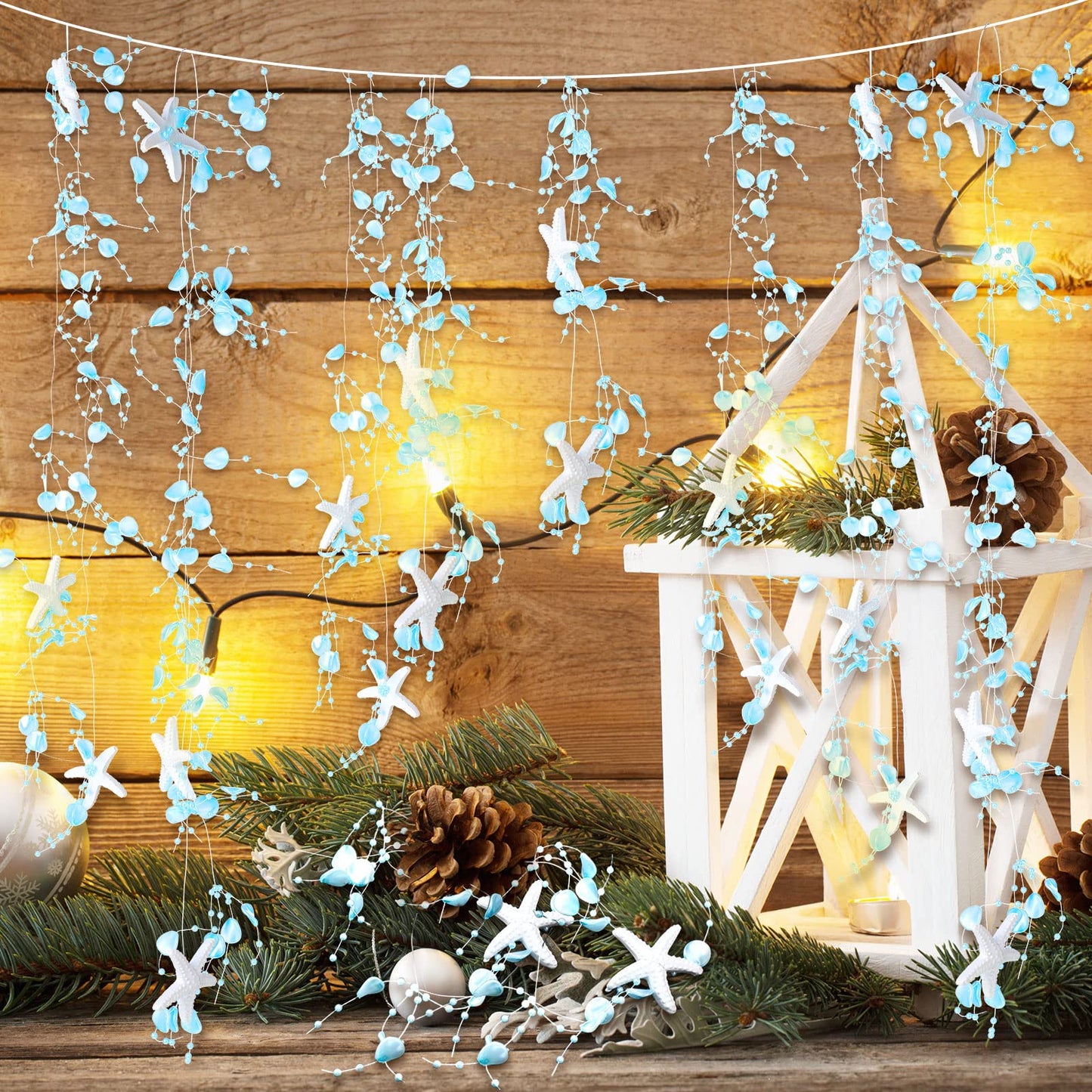 16 ft Ocean Themed Garland Ocean Beaded Starfish Shell Decor Coastal Beaded Beach Garland for Mantle Fireplace Summer Wedding Home Decor Supply(Blue)