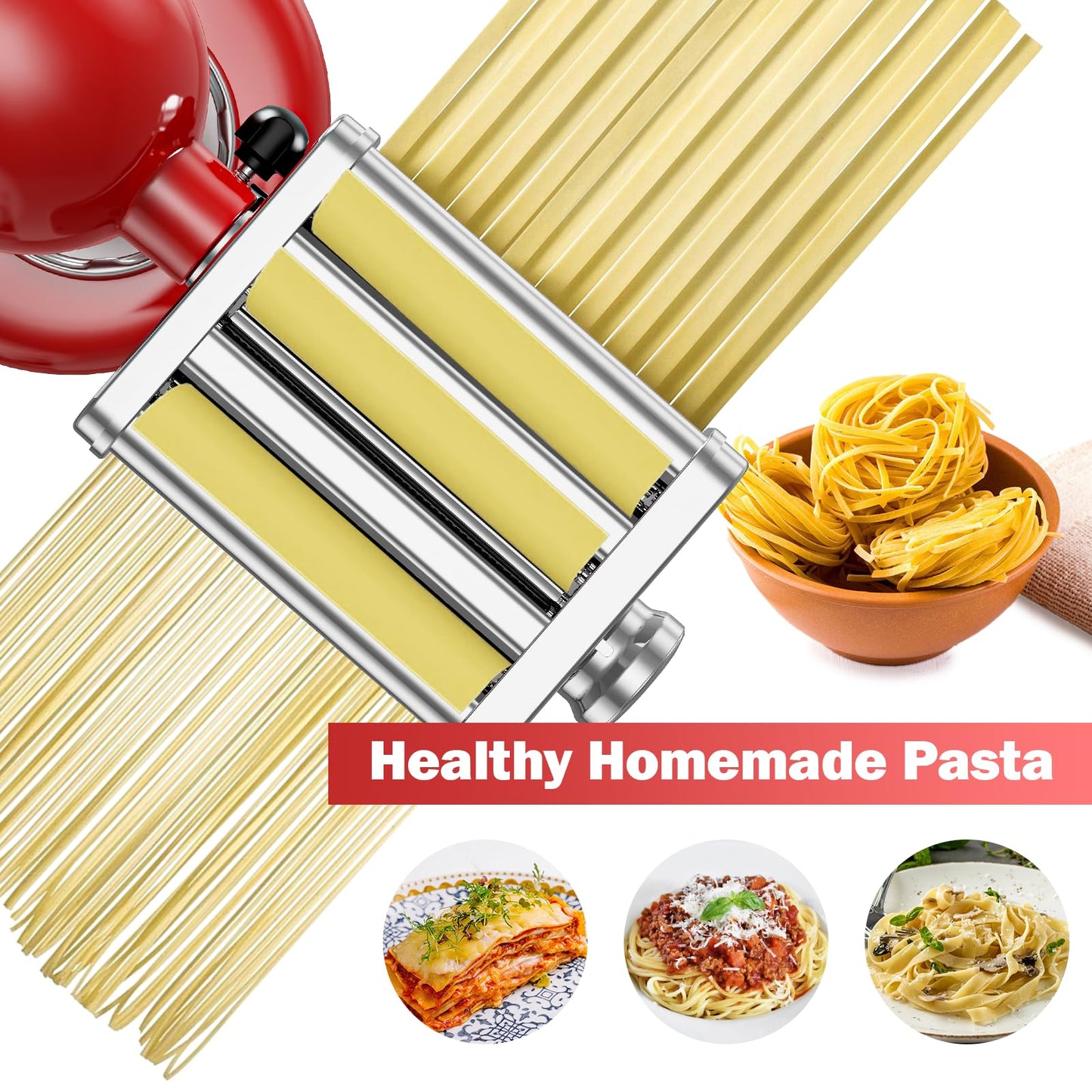 3 in 1 Pasta Attachment for KitchenAid Stand Mixer, All Metal Pasta Maker KitchenAid Attachment, Pasta Sheet Roller, Spaghetti Cutter, Fettuccine Cutter Maker Accessories and Cleaning Brush by Gvode