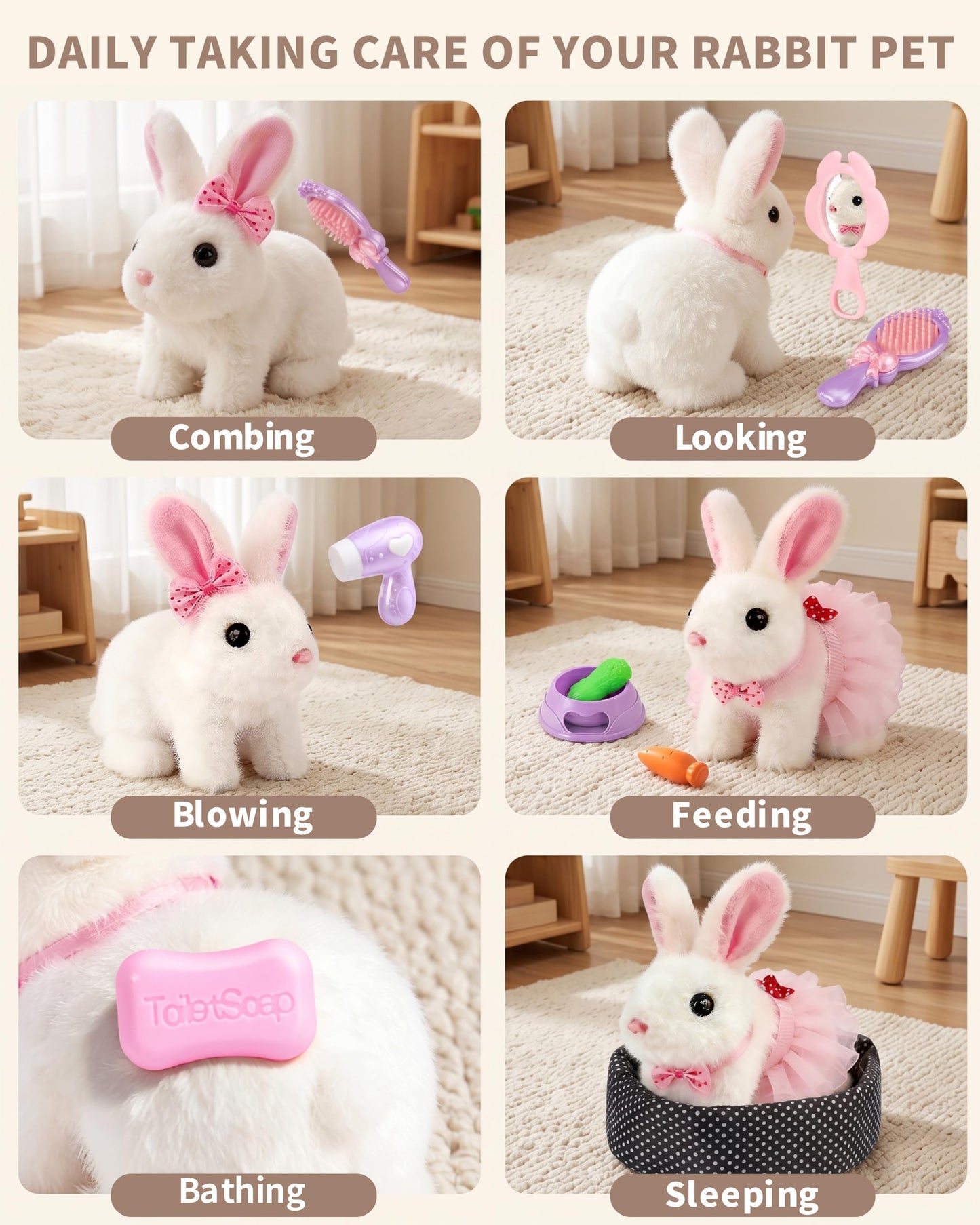 Eohemeral 23 Pcs Hopping Bunny Toy for Kids 3-5 5-7, Electronic Interactive Rabbit with Backpack, Wiggling Ears Squeaking Plush Pet, Pretend Play Easter Birthday Gifts for Girls 4 6 8 Year Old