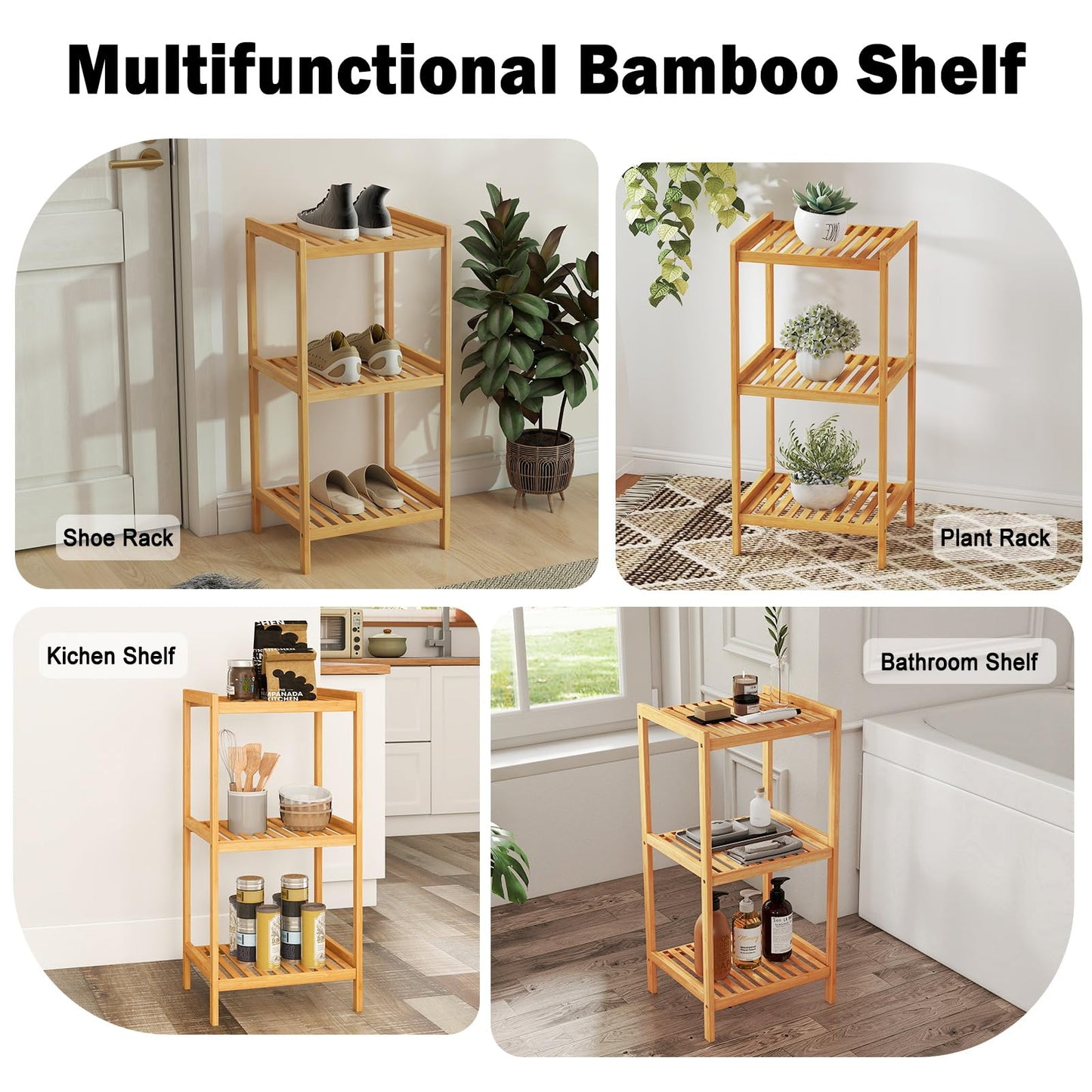 kinbor 3-Tier Bamboo Shelf Freestanding - Space-Saving Bathroom Standing Shelf & Plant Stand, 3 Shelf Bookcase for Kitchen, Living Room, Office (Natural Bamboo, Easy Assembly)