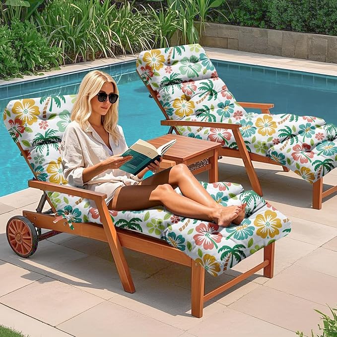 Outdoor Chaise Lounge Chair Cushion 75.1 x 22.8 x 4.7 Inches 100% Waterproof Replacement Cotton Patio Pool Lounge Chair Cushion for Outdoor Furniture with Ties, Green Coconut Tree