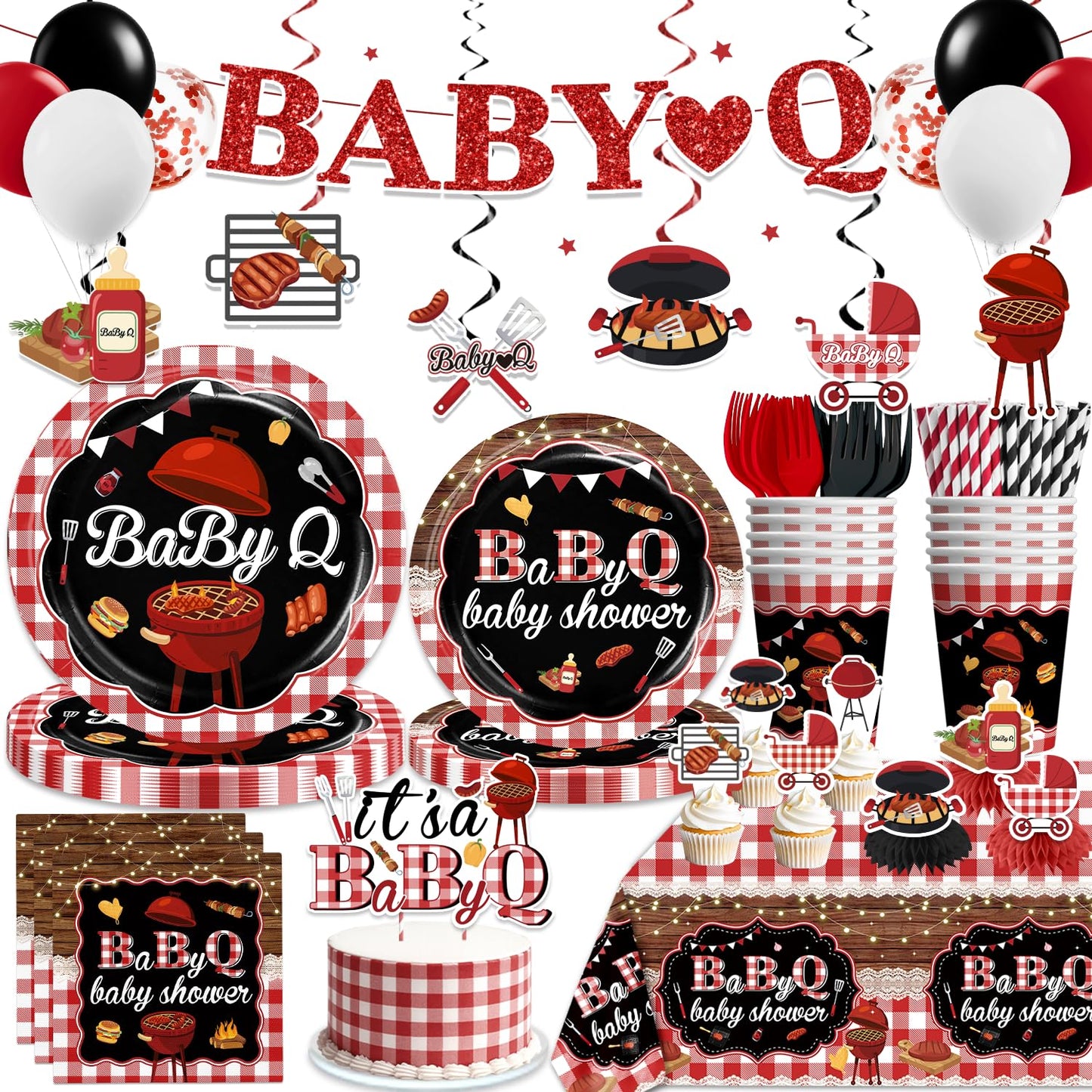 Xynic 213Pcs Baby Q Baby Shower Decorations Tableware Set Severs 25, Baby Shower Decorations Include Banner, Balloons, Tablecloth, Paper Plates, Cups, Cake Topper, Cupcake Toppers