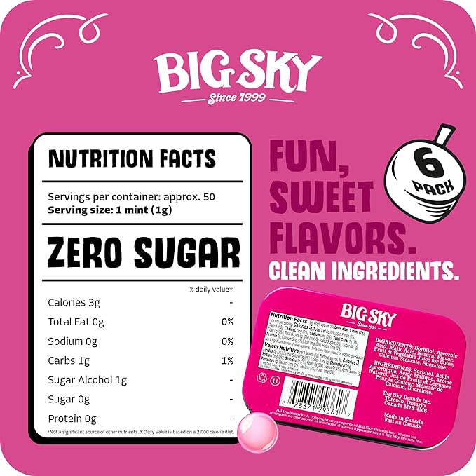 Big Sky Sugar Free Mints Bubblegum | Sugarfree, No Artificial Colors or Flavors | Kosher Certified, Vegan, Gluten Free | Aspartame & Xylitol Free | 50 Count Tin (Pack of 6)