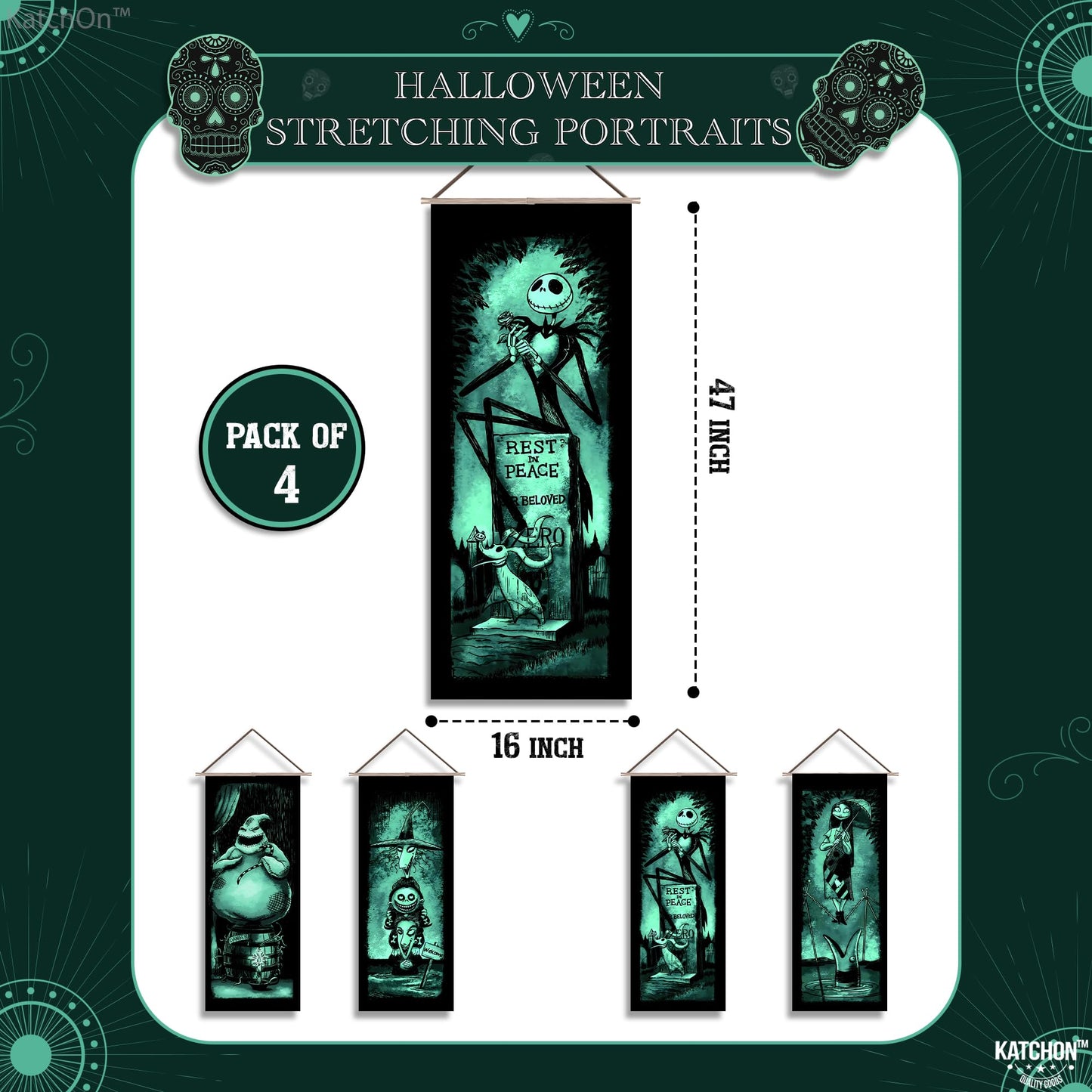 KatchOn Spooky Stretching Portrait - 47x16 Inch, Pack of 4 | Haunted Mansion & Skeleton Banner for Halloween Decorations Indoor, Outdoor | Halloween Wall Decorations