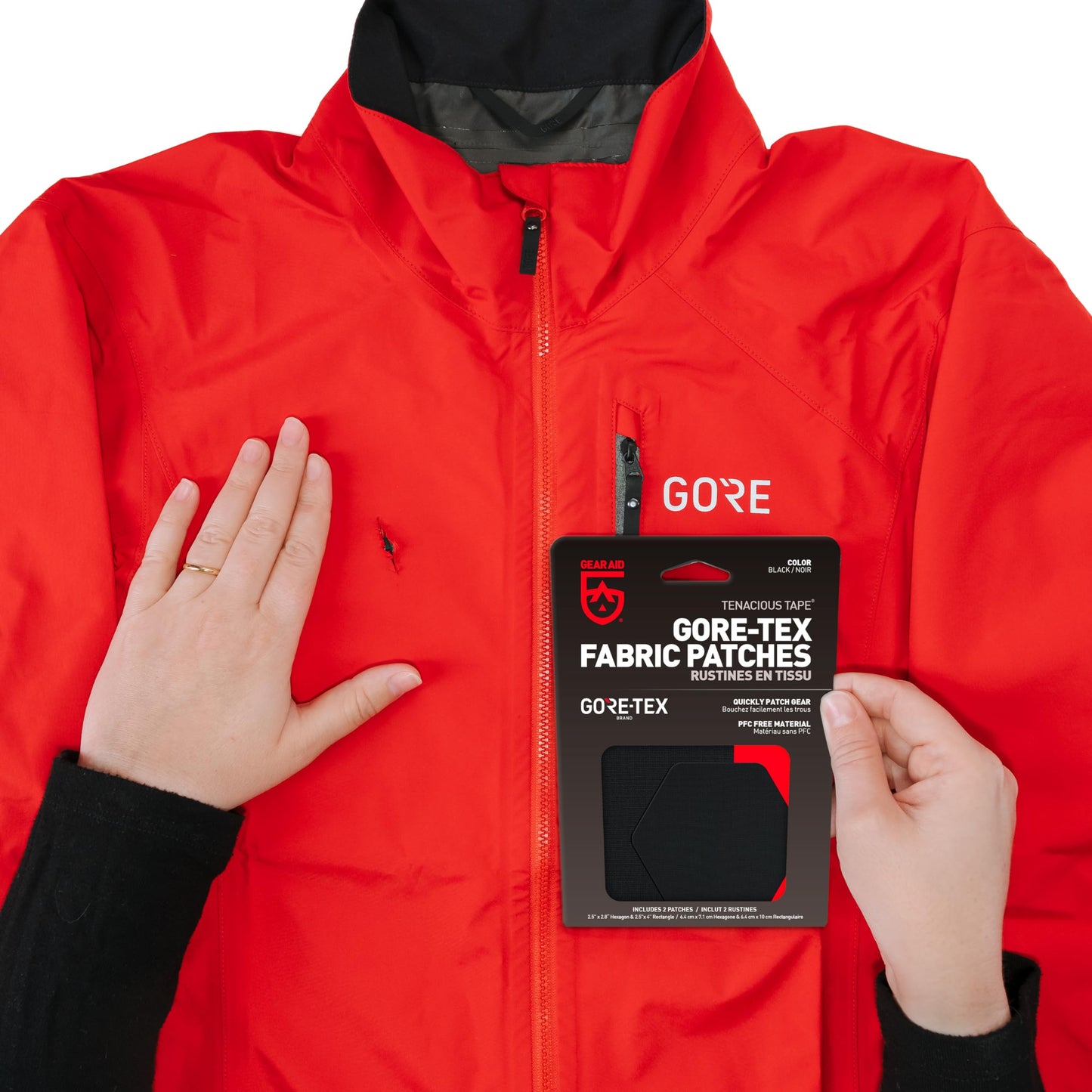 GEAR AID Tenacious Tape Gore-TEX Fabric Patches for Waterproof Jacket & Rain Gear Repair, Black, 2.5” x 2.8” Hex & 2.5” x 4” Rectangle, 4 Patches