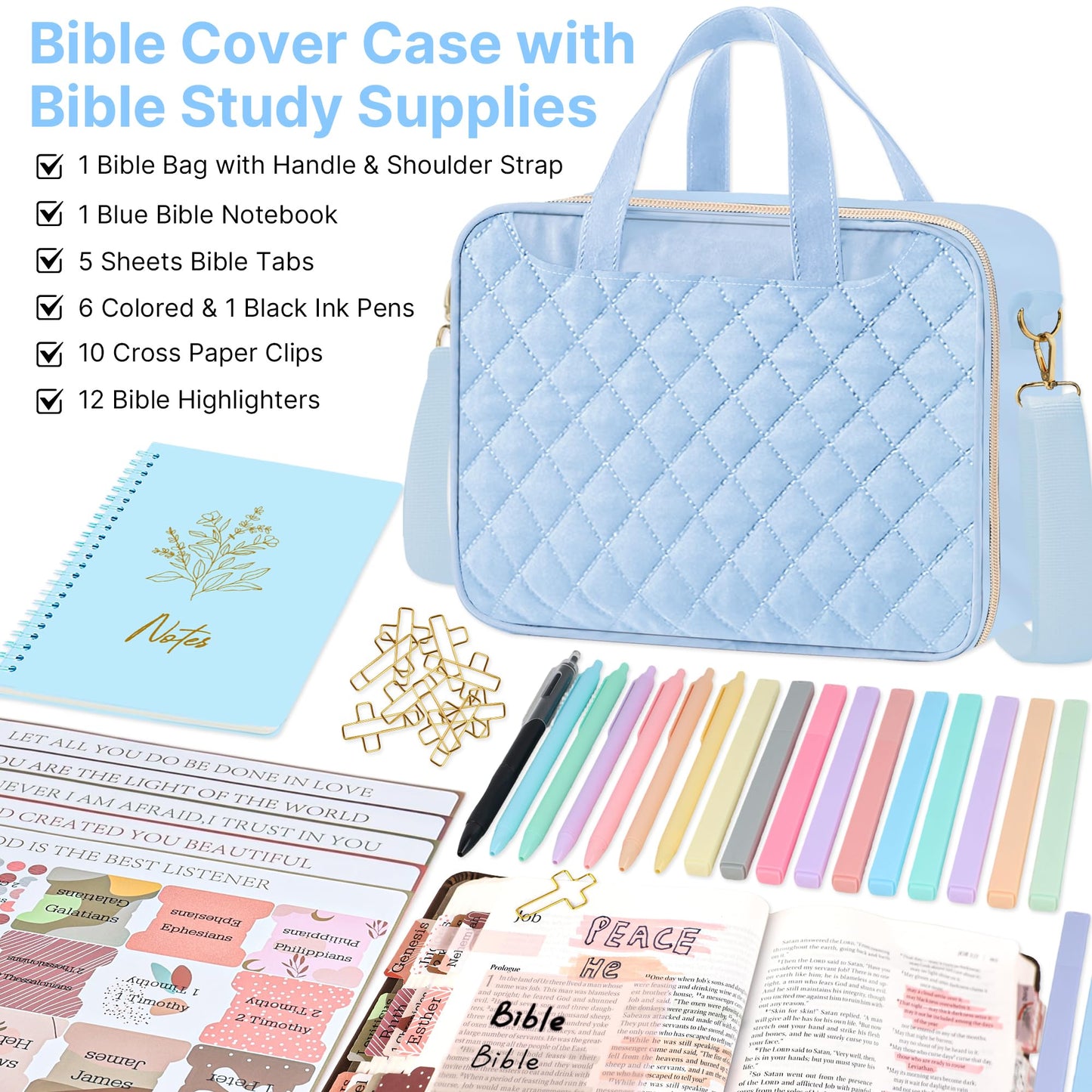 PUGPIU Bible Cover Case for Women, Large Quilted Bible Bag with Shoulder Strap and Handle, Bible Study Supplies Journaling Kit with Highlighters Pens No Bleed Tabs Notebook Cross Clips (Light Blue)
