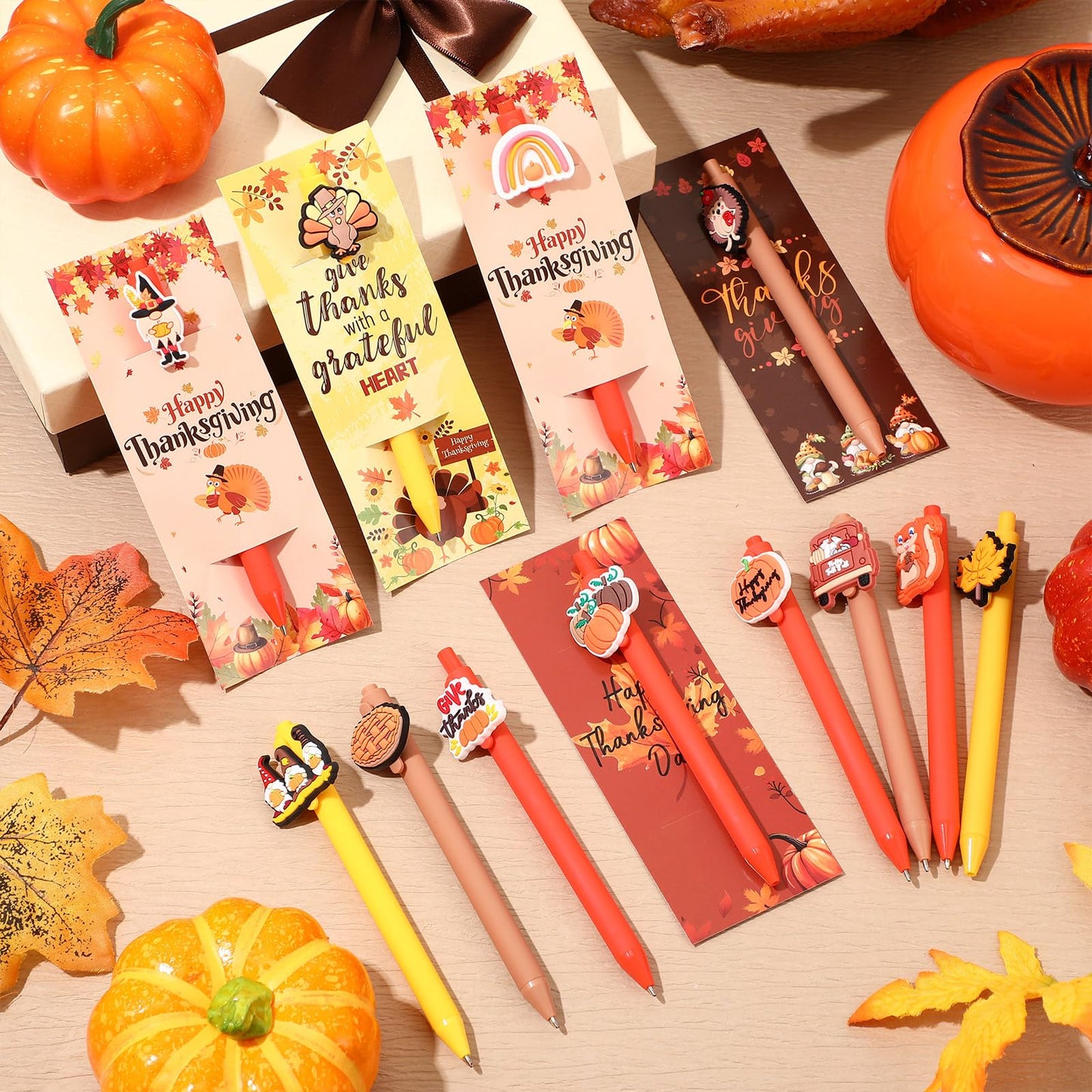 Engrowtic 24 Pcs Thanksgiving Day Gift Thanksgiving Cards with Pens Cute Cartoon Retractable Black Ink Pens Fall Greeting Card for Fall Party Favor Office School Supplies