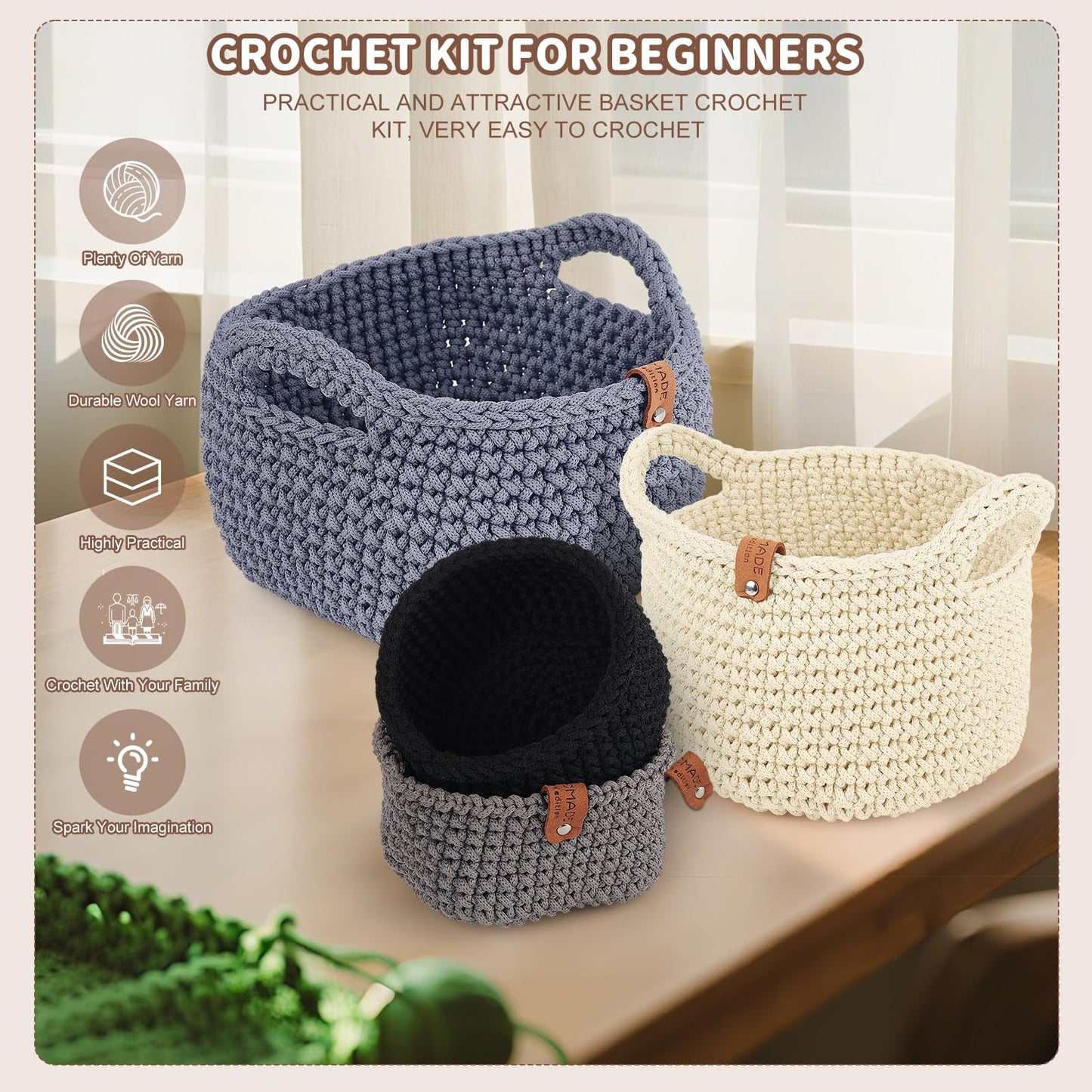 27PCS Crochet Basket Kit for Beginners (L&S), Complete Crocheting Basket for Storage, Knitting Starter Set with Instruction , Beginner Crochet Kit for Adults, Crocheting Gift for Home Decor Family