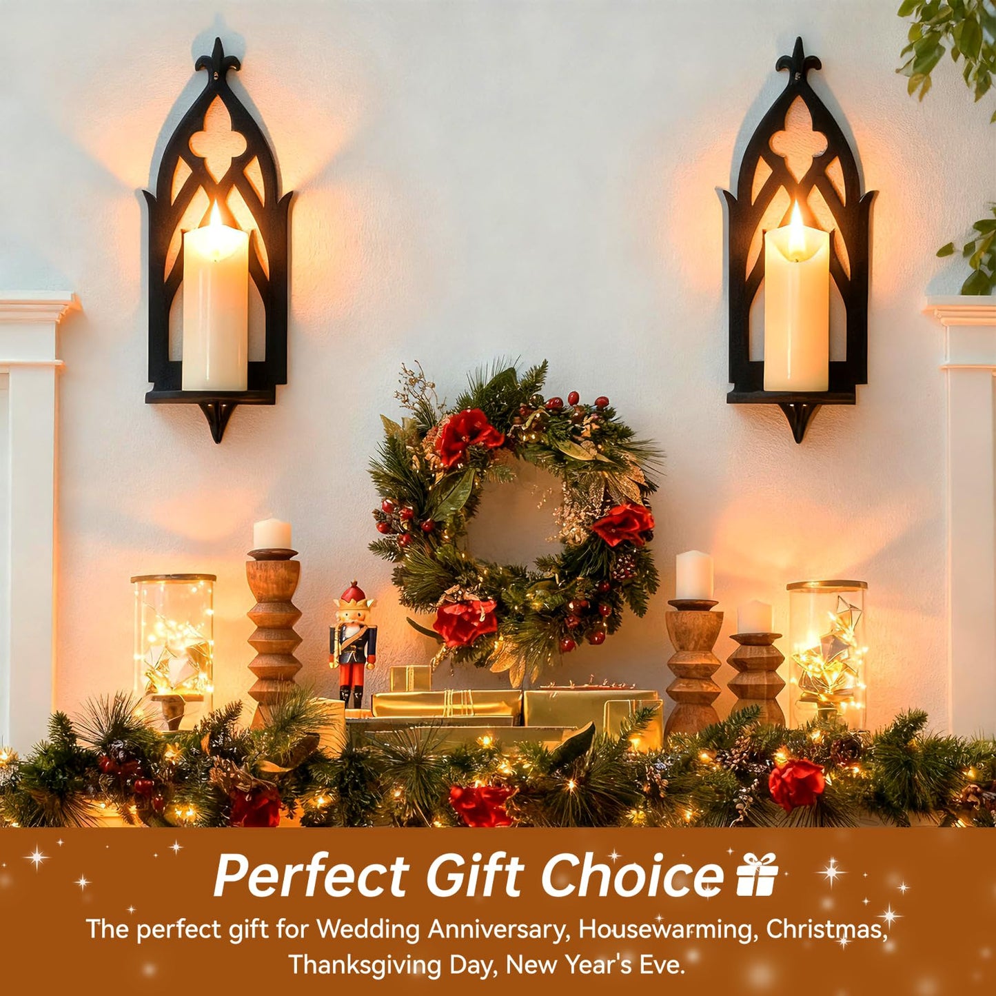 ZYIDBNG Wall Candle Sconces Set of 2, Victorian Gothic Metal Candle Holders for Pillar, Tealight, and LED Candles, Decorative Wall Decor for Living Room Dining Room (Black)