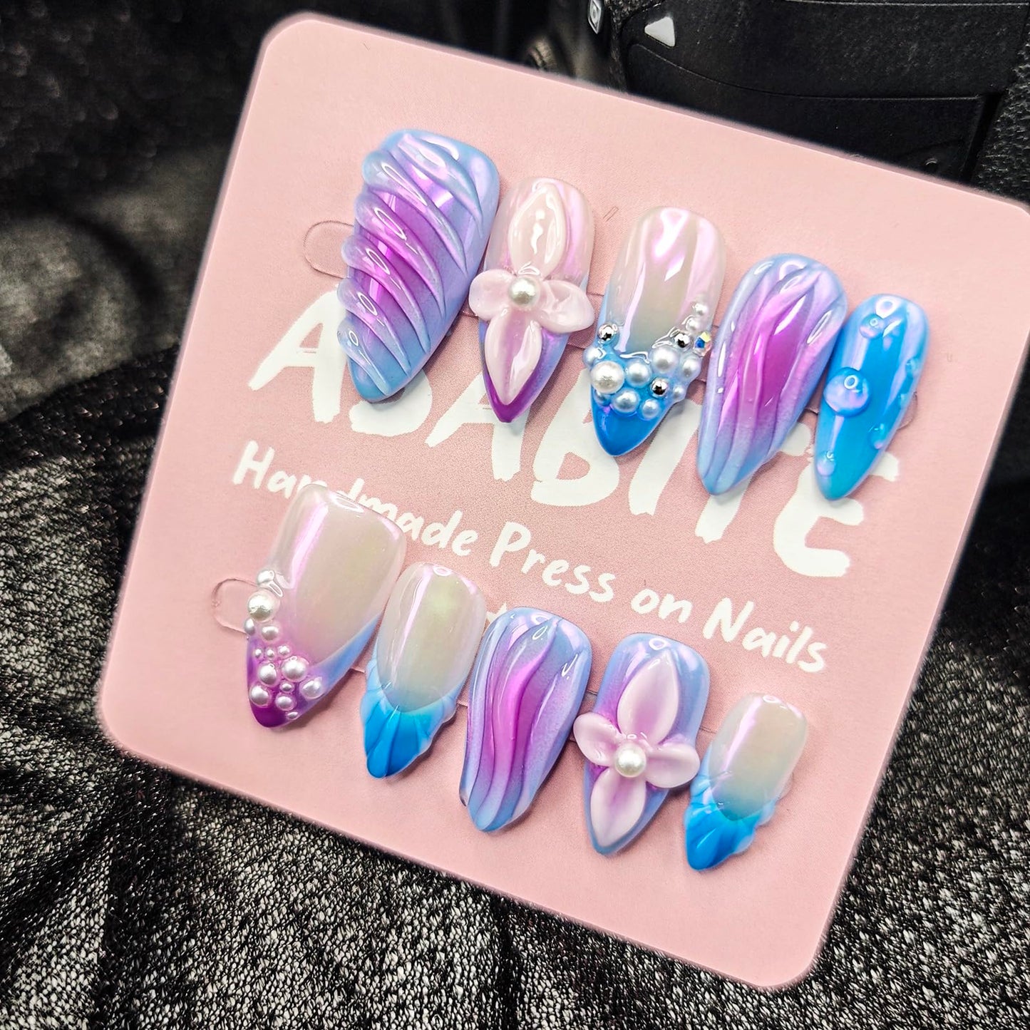 ASABITE 10Pcs Handmade Almond Press On Nails Medium French Tip False Nails Blue Purple Gradient 3D Pearl Flower Design Acrylic Nails Press Ons Full Cover Reusable Stick Ons For Women (S)