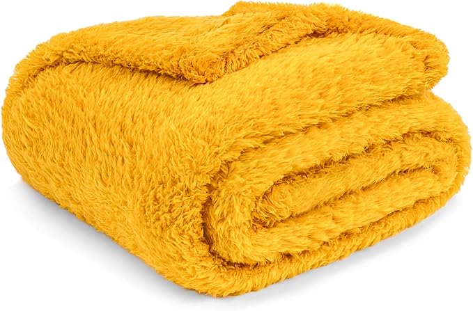 PAVILIA Sherpa Throw Blanket for Couch Sofa, Mustard Yellow Fluffy Warm Plush Blanket for Bed, Cozy Super Soft Lightweight Throw, Fuzzy Decorative Blanket, All Season Home, 50x60