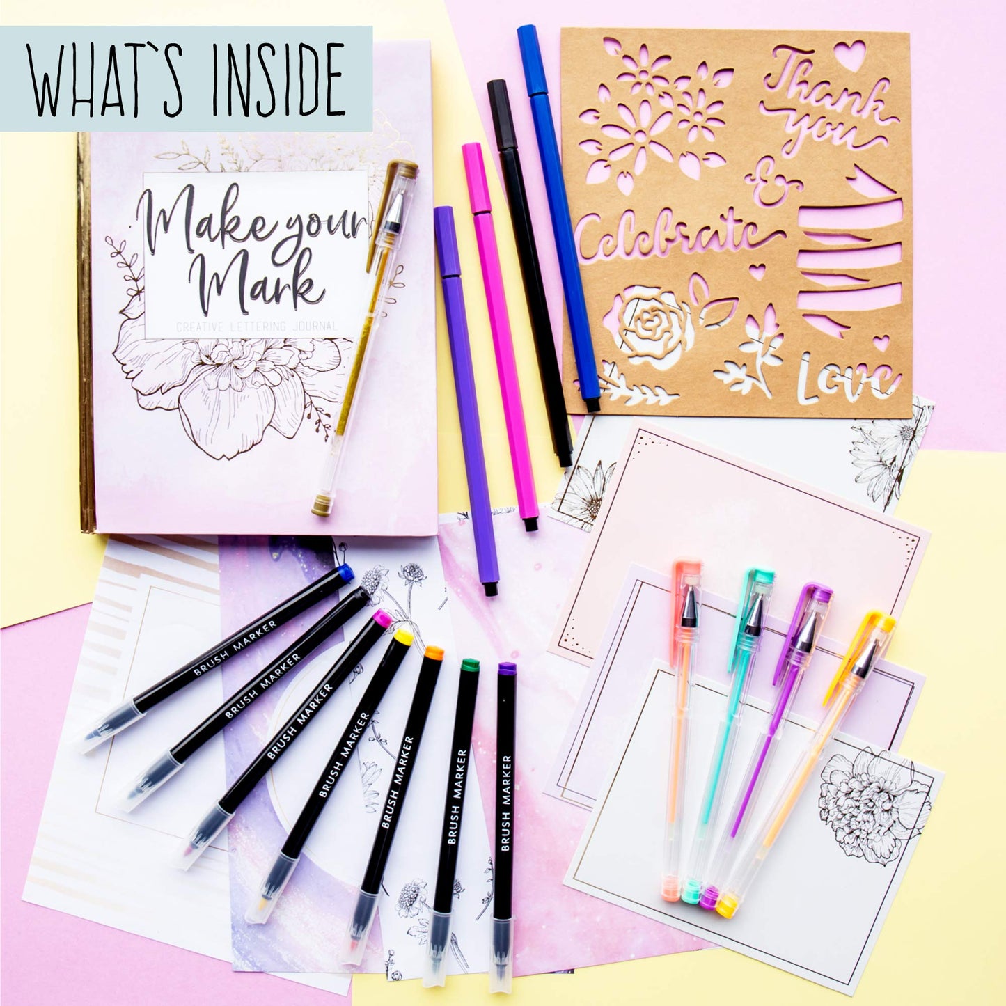 STMT DIY Make Your Mark Hand Lettering Set, Step-by-Step Beginner Modern Calligraphy Hardcover Workbook, Includes Practice Sheets, Stencils, Flexible Fine Tip & Brush Markers, DIY Calligraphy Kit