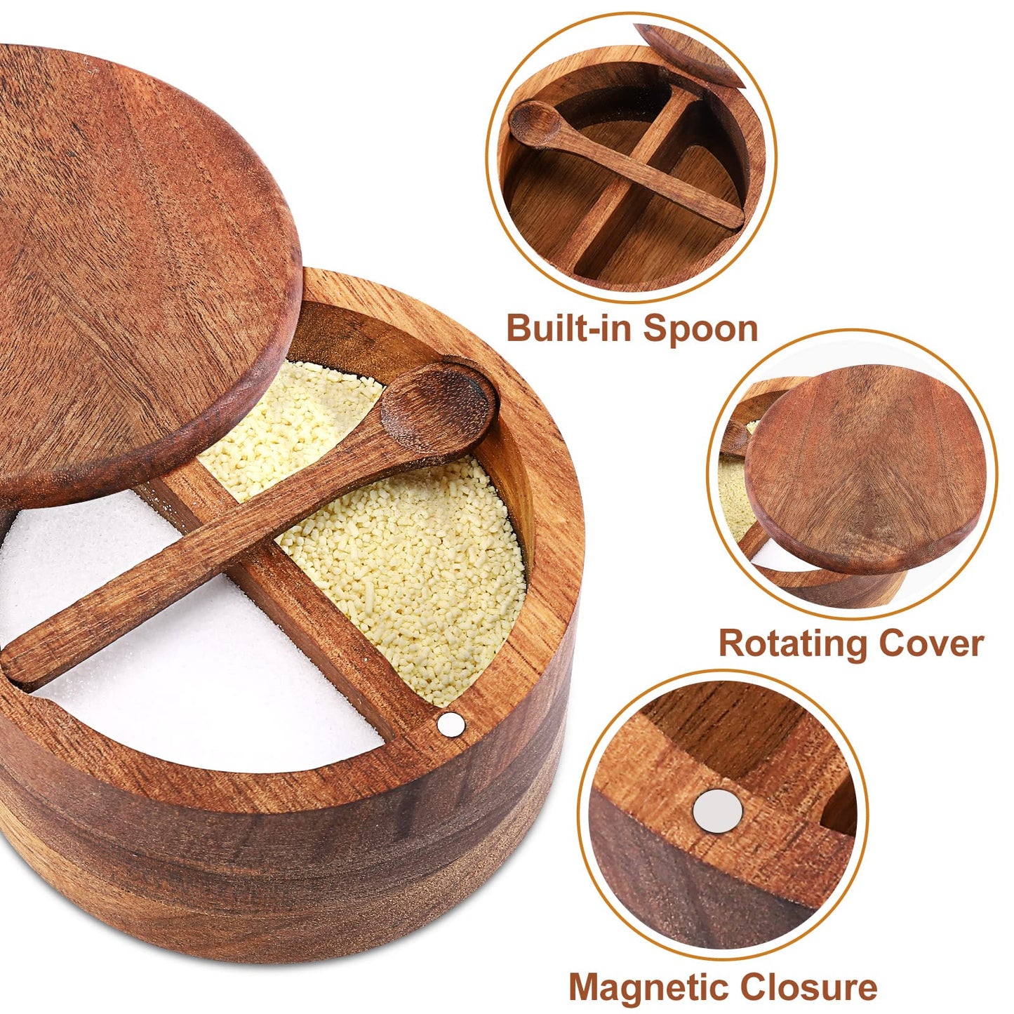 RAETTER.LY Acacia Wood Salt and Pepper Bowl, Nature Wood Salt Cellar and Spices Storage Box With Built-in Spoon and Magnetic Swivel Lid (Two Compartments 12 oz)