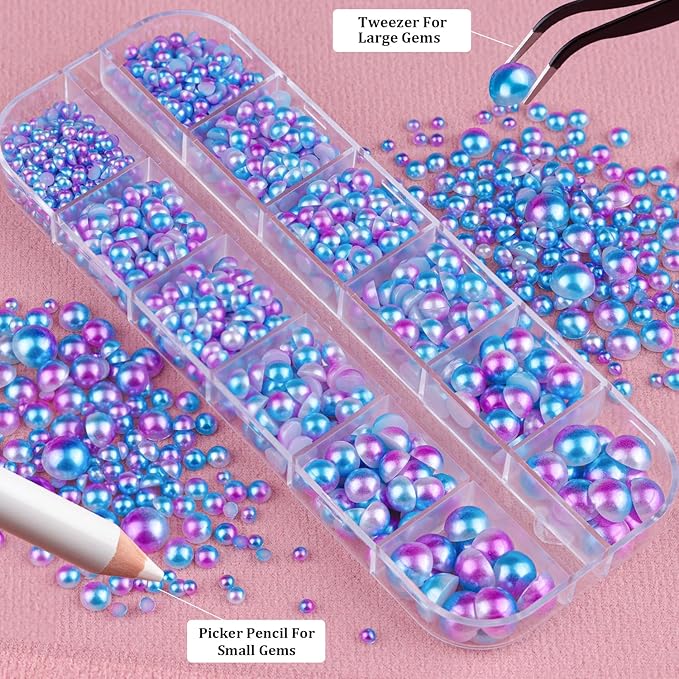 Belleboost Flat Back Pearls Kits 2 Boxes of Flatback Blue Mermaid Half Round Pearls with Pickup Pencil and Tweezer for Home DIY and Professional Nail Art, Face Makeup and Craft